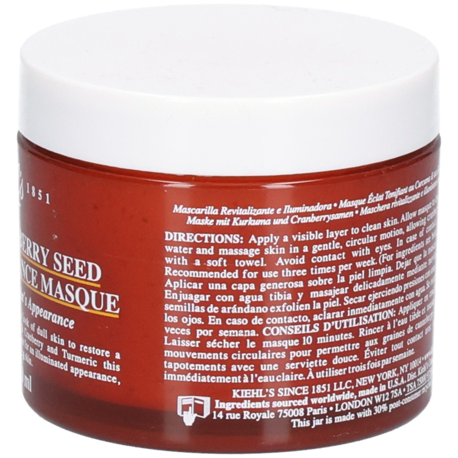 Kiehl's Kurkuma & Cranberry Seed Masque, achterkant met gebruiksinstructies in het Frans en Portugees.