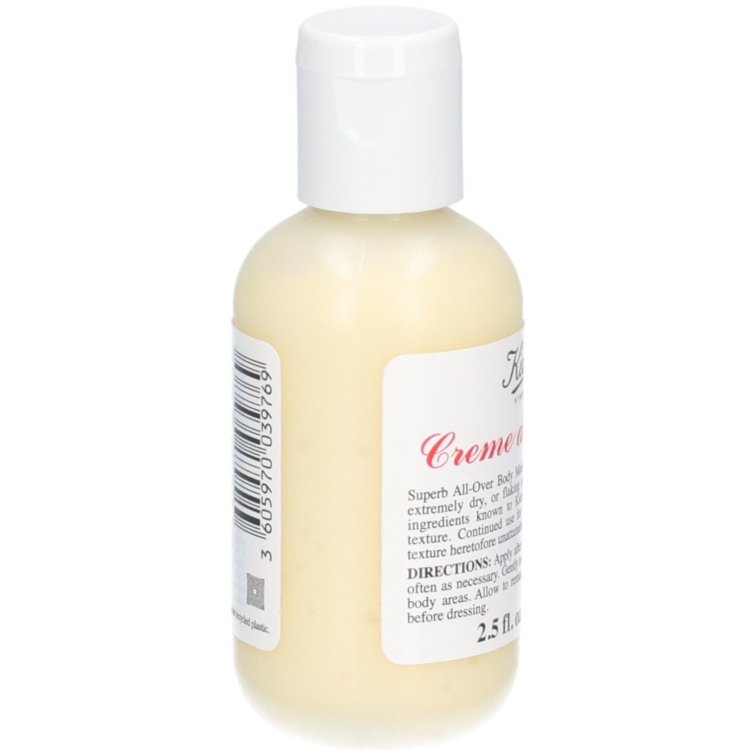 Kiehl's Crème de Corps, zijaanzicht. Witte fles met fliptopdop en etiket.