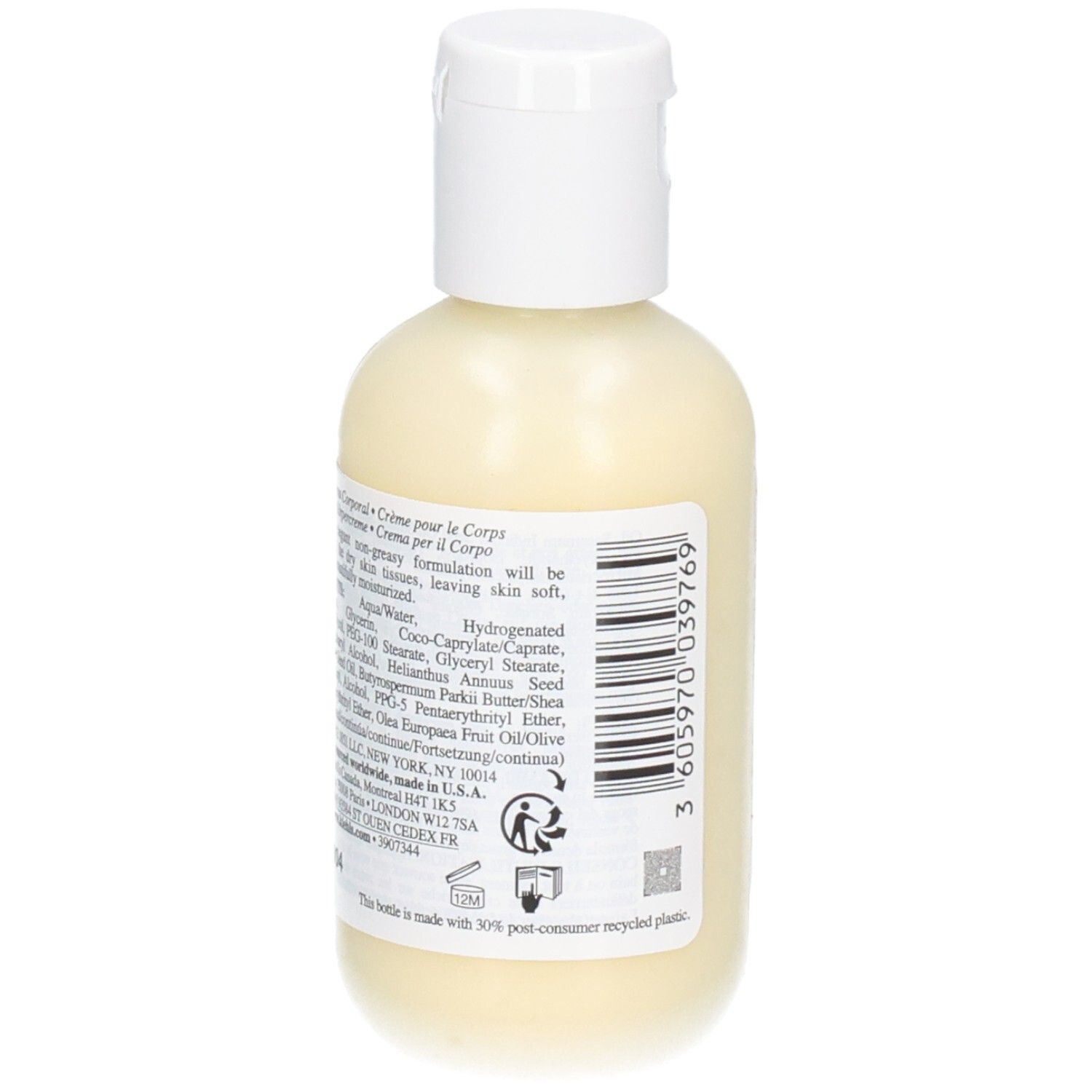 Achterkant van de Kiehl's Crème de Corps fles. Etiket met ingrediëntenlijst en barcode.