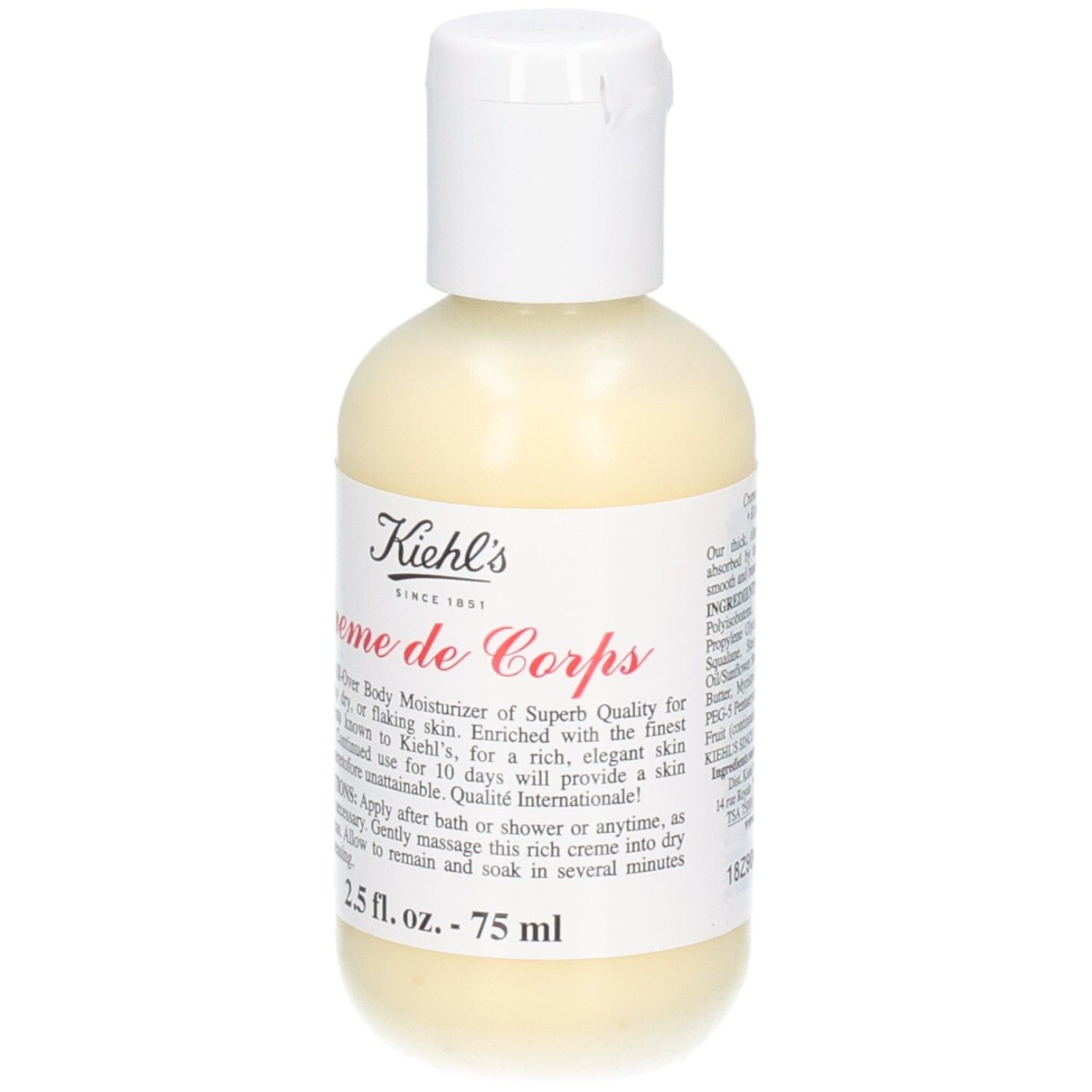 Kiehl's Crème de Corps, vooraanzicht. Witte fles met fliptopdop en etiket.