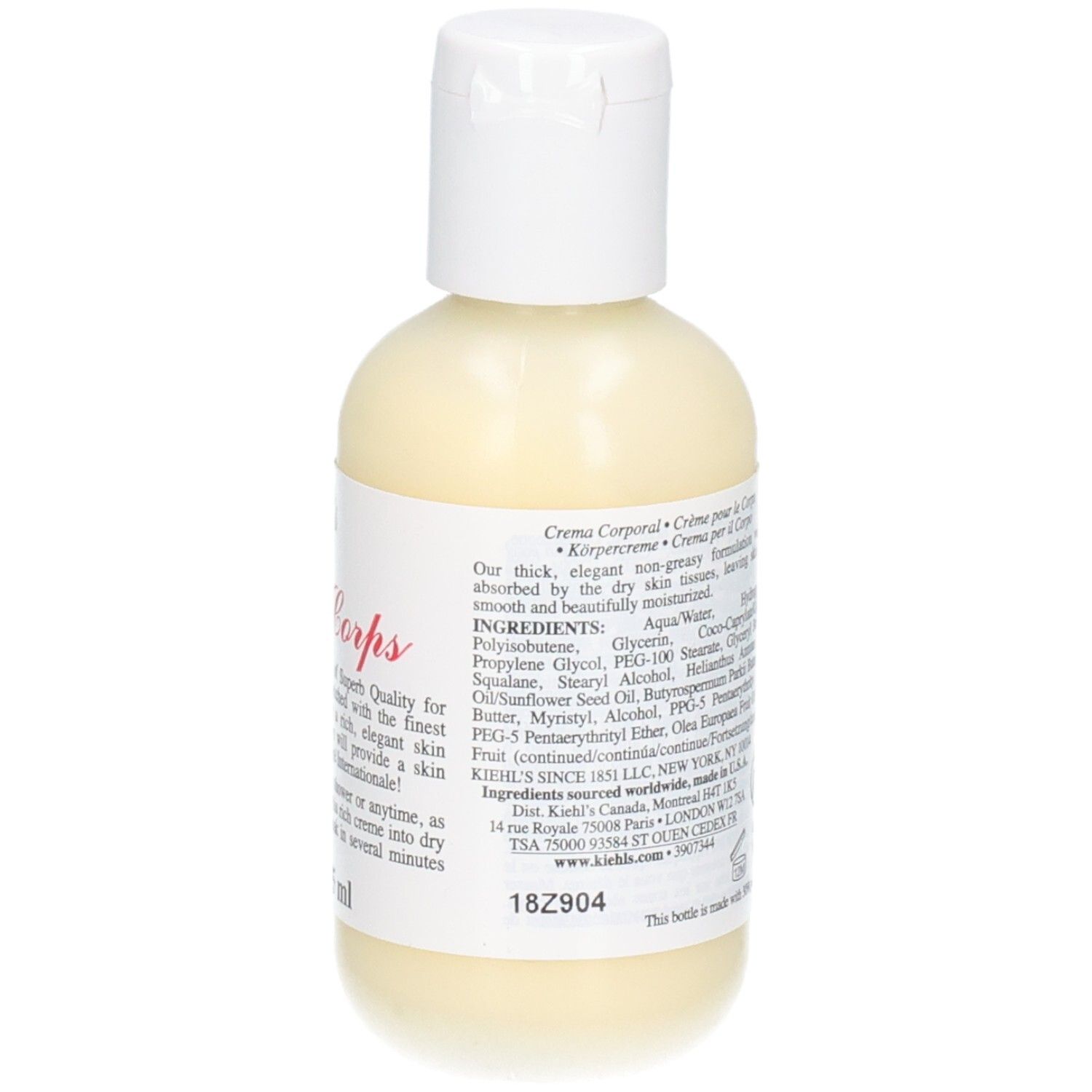 Kiehl's Crème de Corps, achterkant. Etiket met ingrediënten en productiedetails.