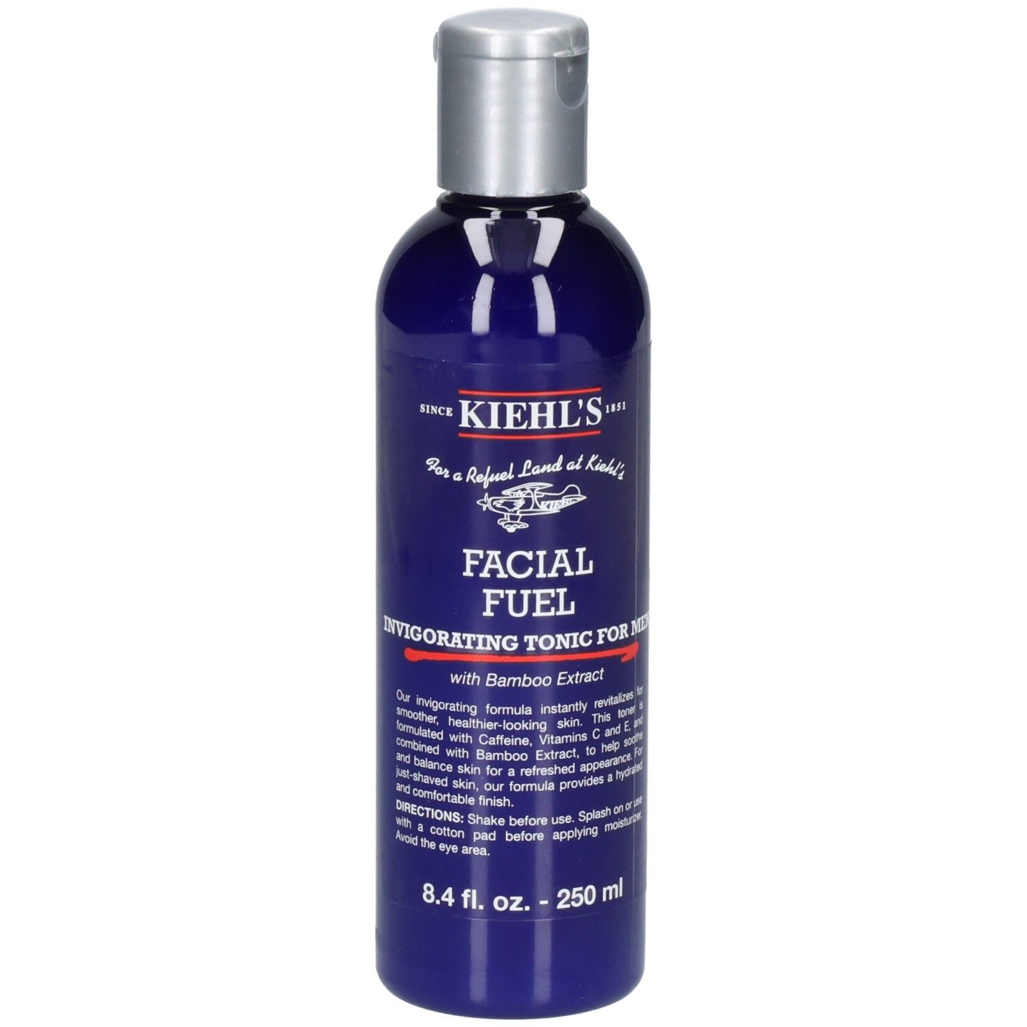 Kiehl's Facial Fuel: Blauwe fles met zilveren fliptopdop. Bevat 250 ml.
