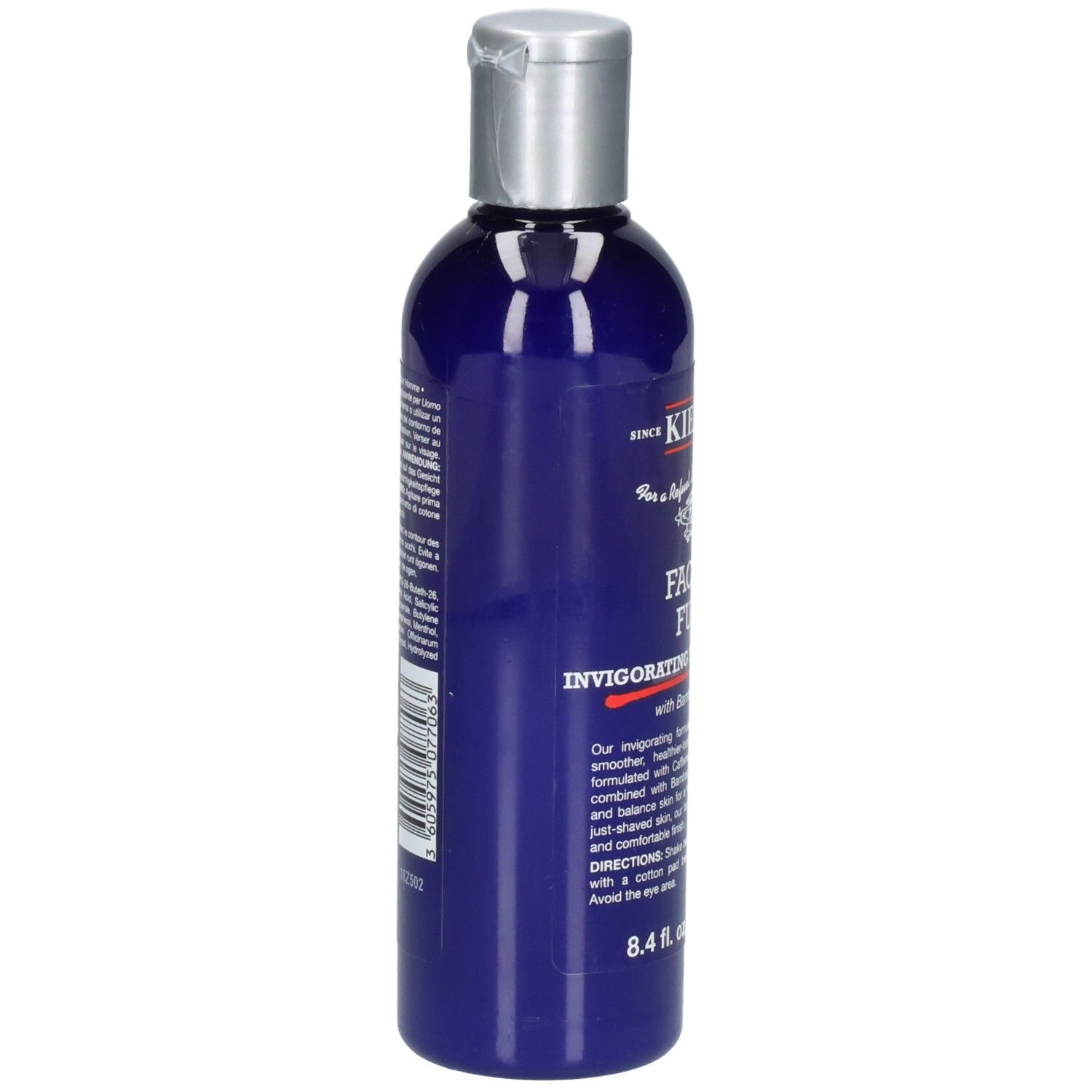Kiehl's Facial Fuel: Achterkant van de blauwe fles met zilveren dop. Bevat 250 ml.