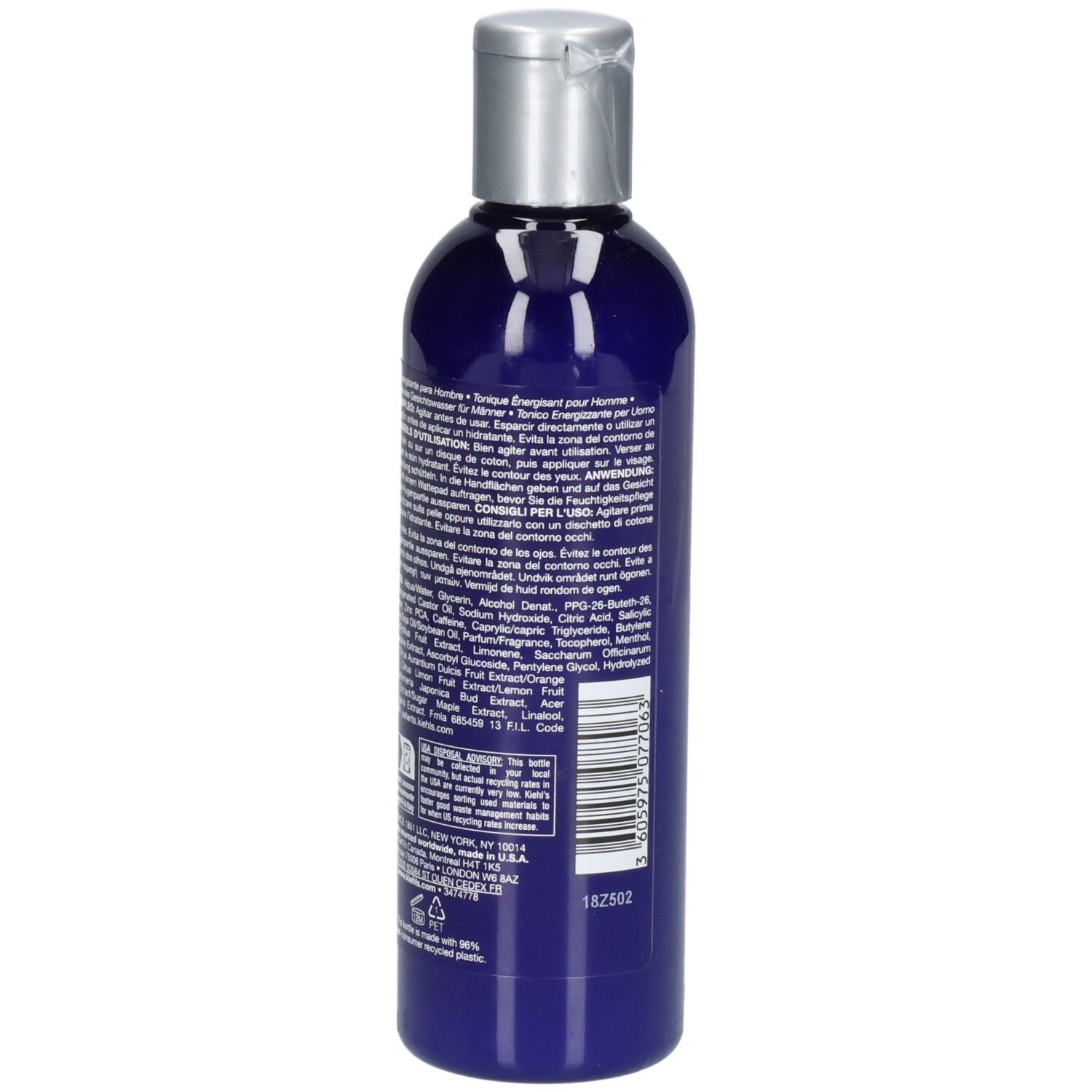 Kiehl's Facial Fuel: Zijaanzicht van de blauwe fles met zilveren dop. Bevat 250 ml.