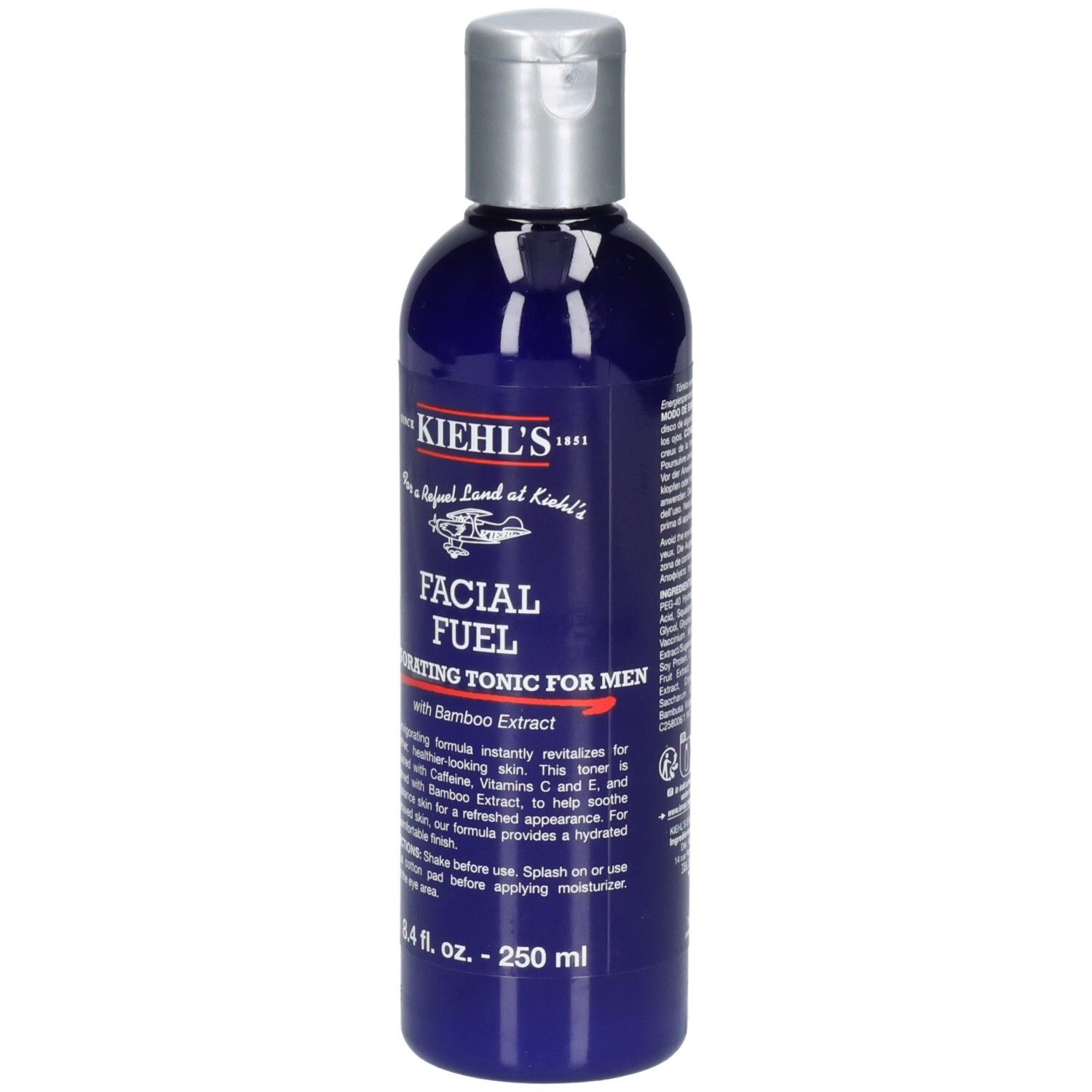 Kiehl's Facial Fuel: Voorkant van de blauwe fles met zilveren dop. Bevat 250 ml.