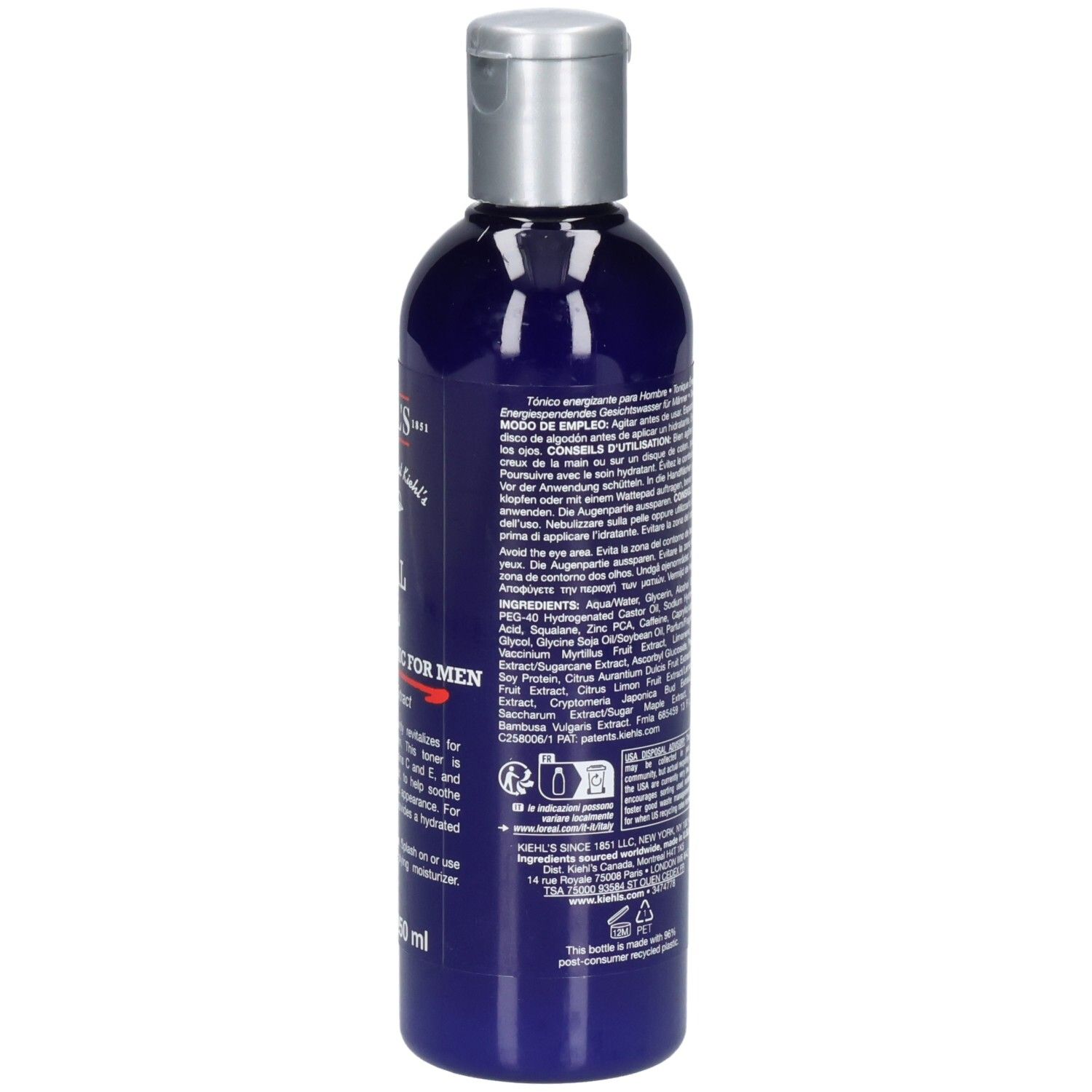 Kiehl's Facial Fuel: Achterkant van de blauwe fles met zilveren dop. Bevat 250 ml.