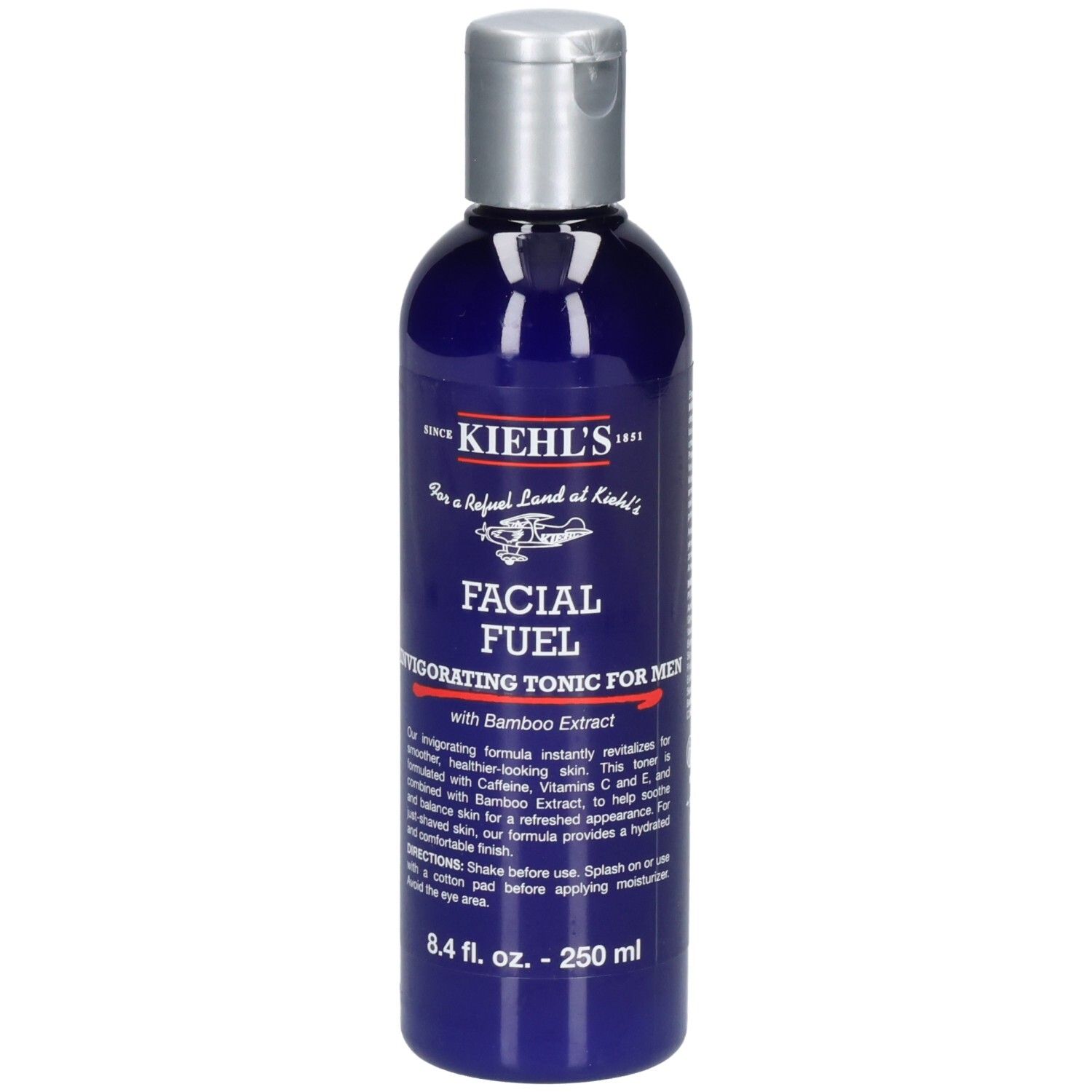 Kiehl's Facial Fuel: Blauwe fles met zilveren fliptopdop. Bevat 250 ml.