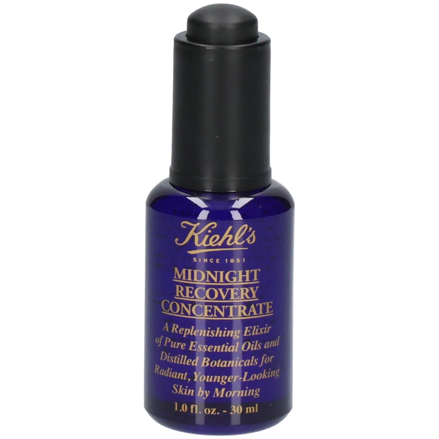 Kiehl's Midnight Recovery Concentrate: Blauwe glazen fles met druppeldop en etiket.