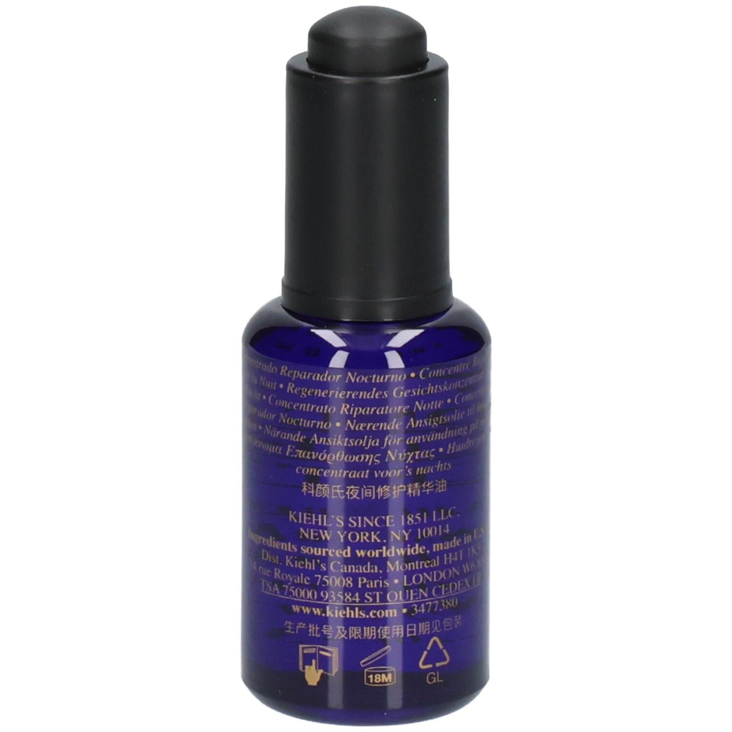 Kiehl's Midnight Recovery Concentrate: Fles met druppeldop en etiket met productinformatie.