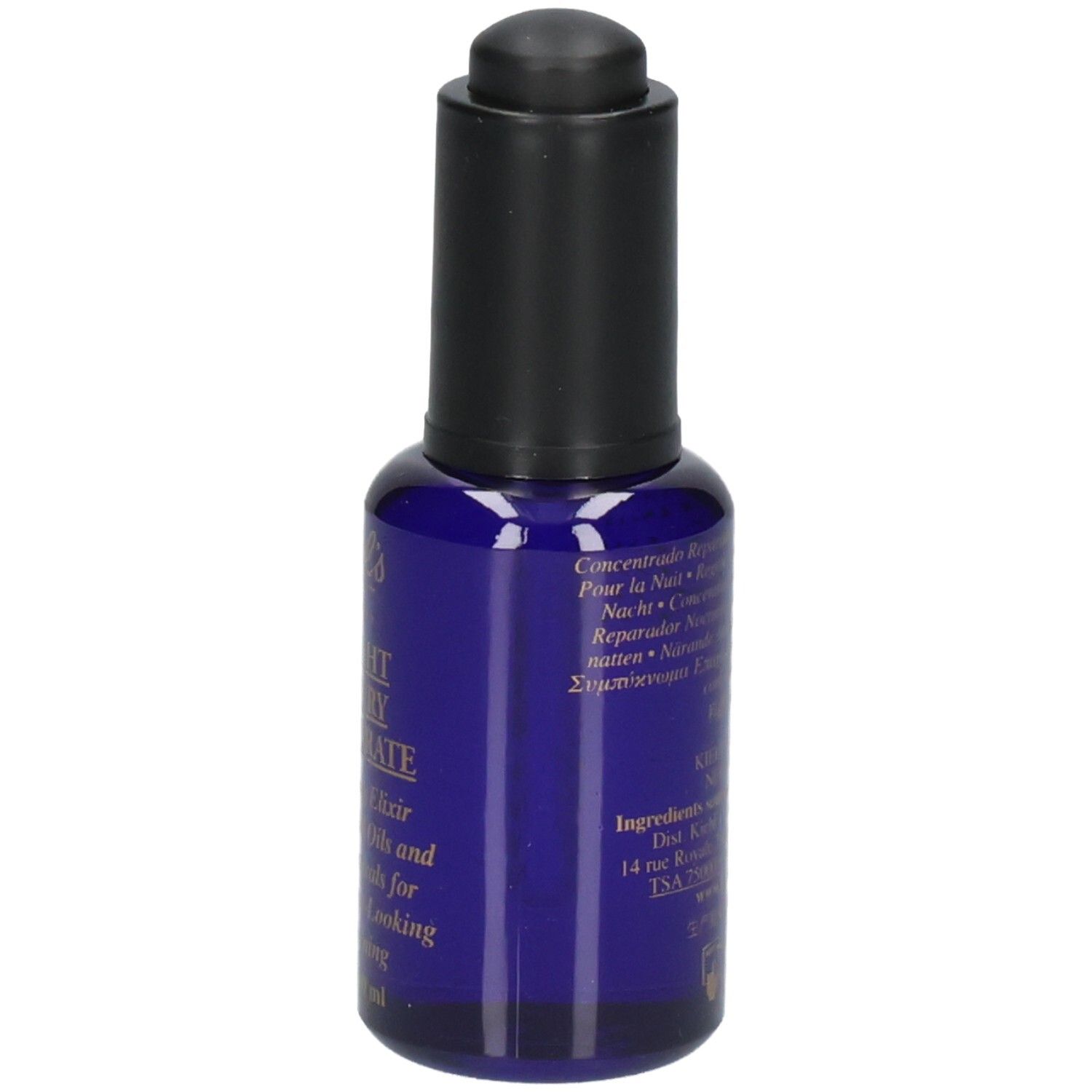 Kiehl's Midnight Recovery Concentrate: Zijaanzicht van de blauwe glazen fles met druppeldop.