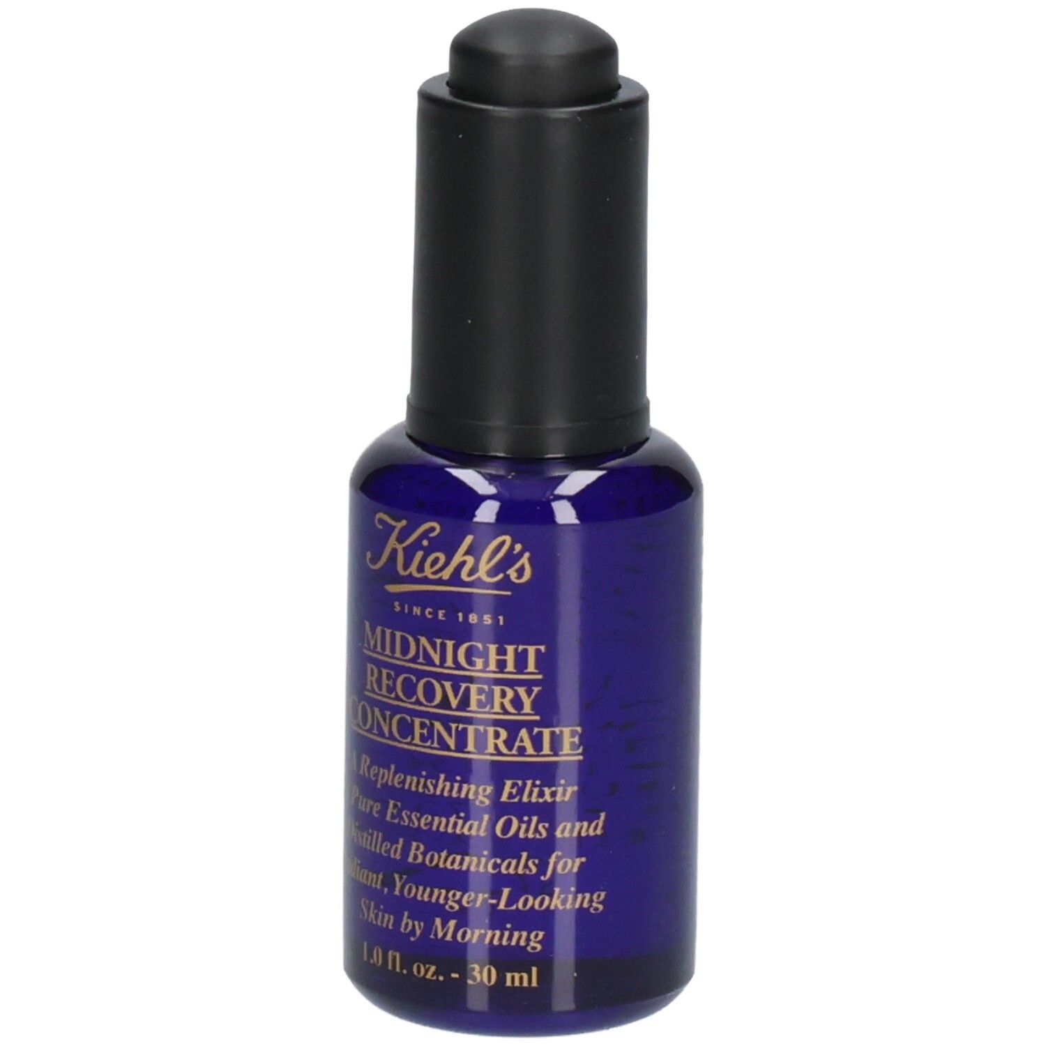 Kiehl's Midnight Recovery Concentrate: Blauwe glazen fles met druppeldop en etiket.