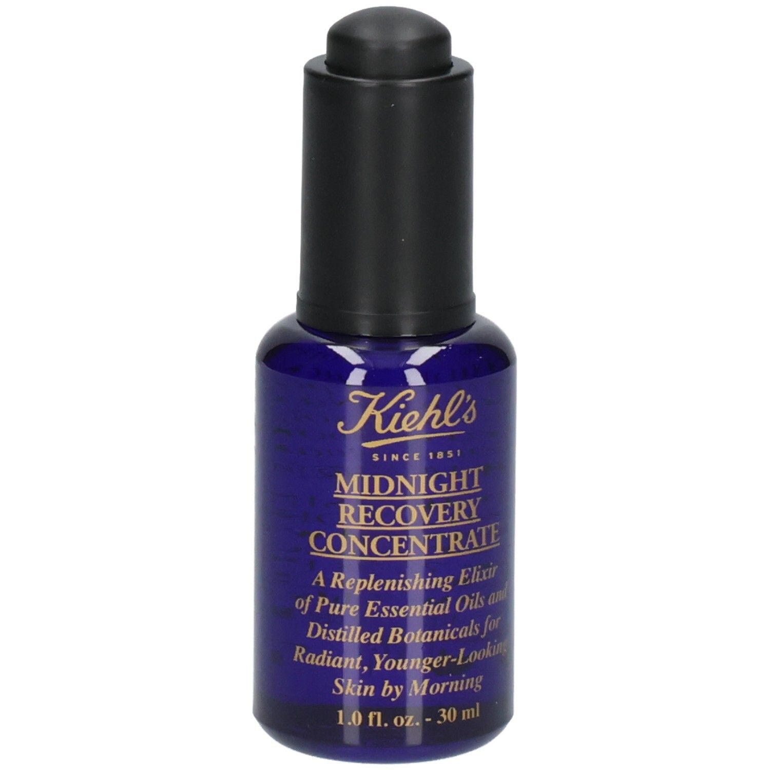 Kiehl's Midnight Recovery Concentrate: Blauwe glazen fles met druppeldop en etiket.
