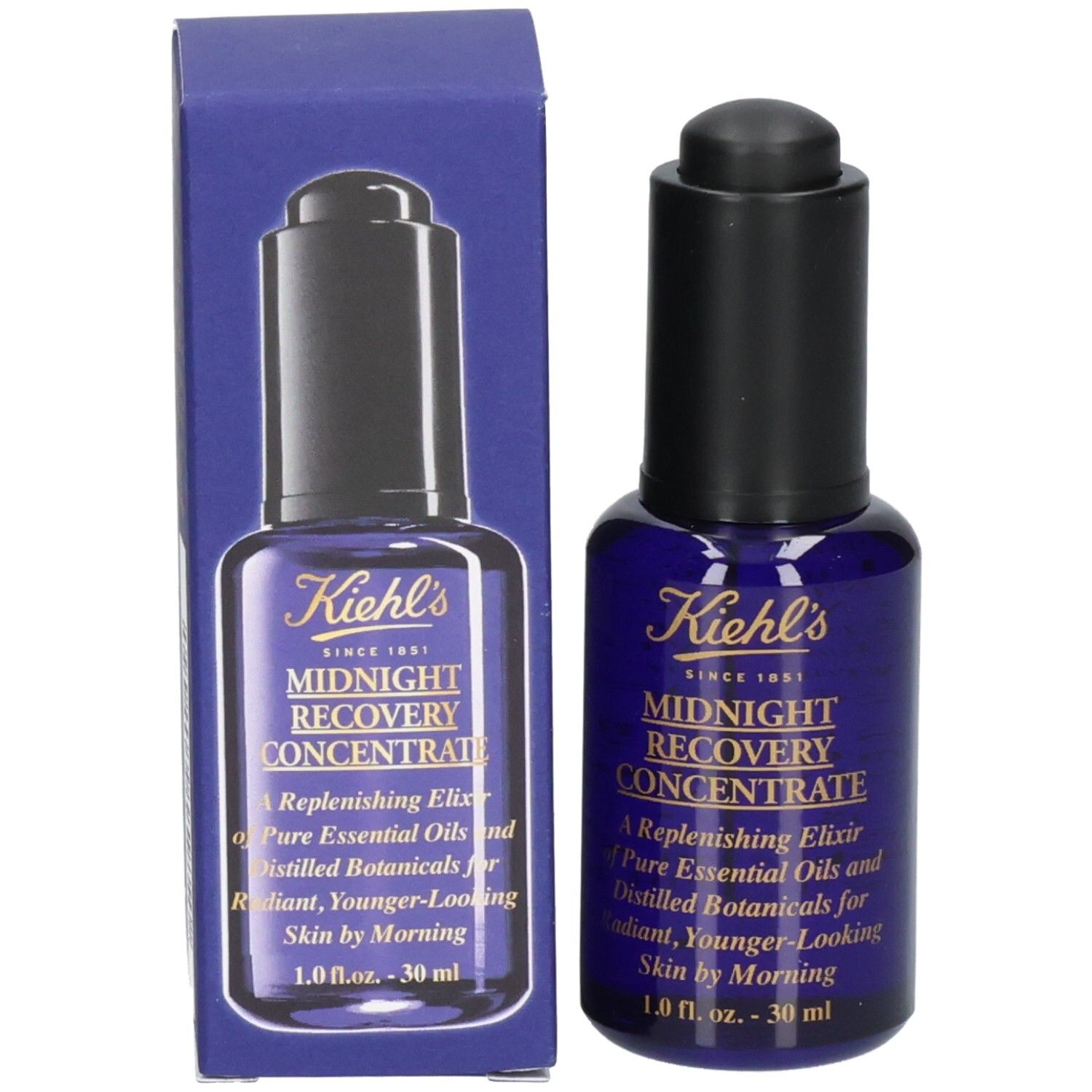 Kiehl's Midnight Recovery Concentrate: Fles en verpakkingsdoos, beide met etiket.