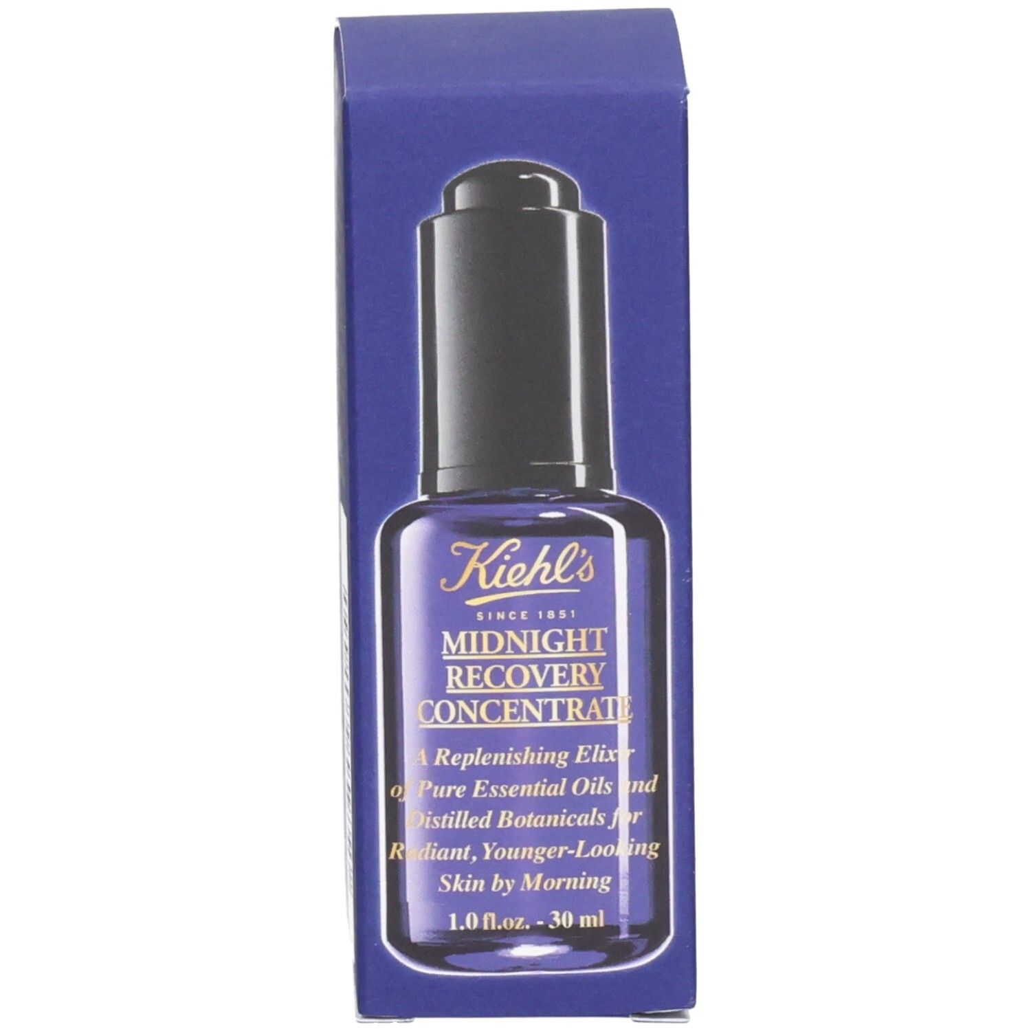 Kiehl's Midnight Recovery Concentrate: Blauwe glazen fles met druppeldop naast de verpakkingsdoos.