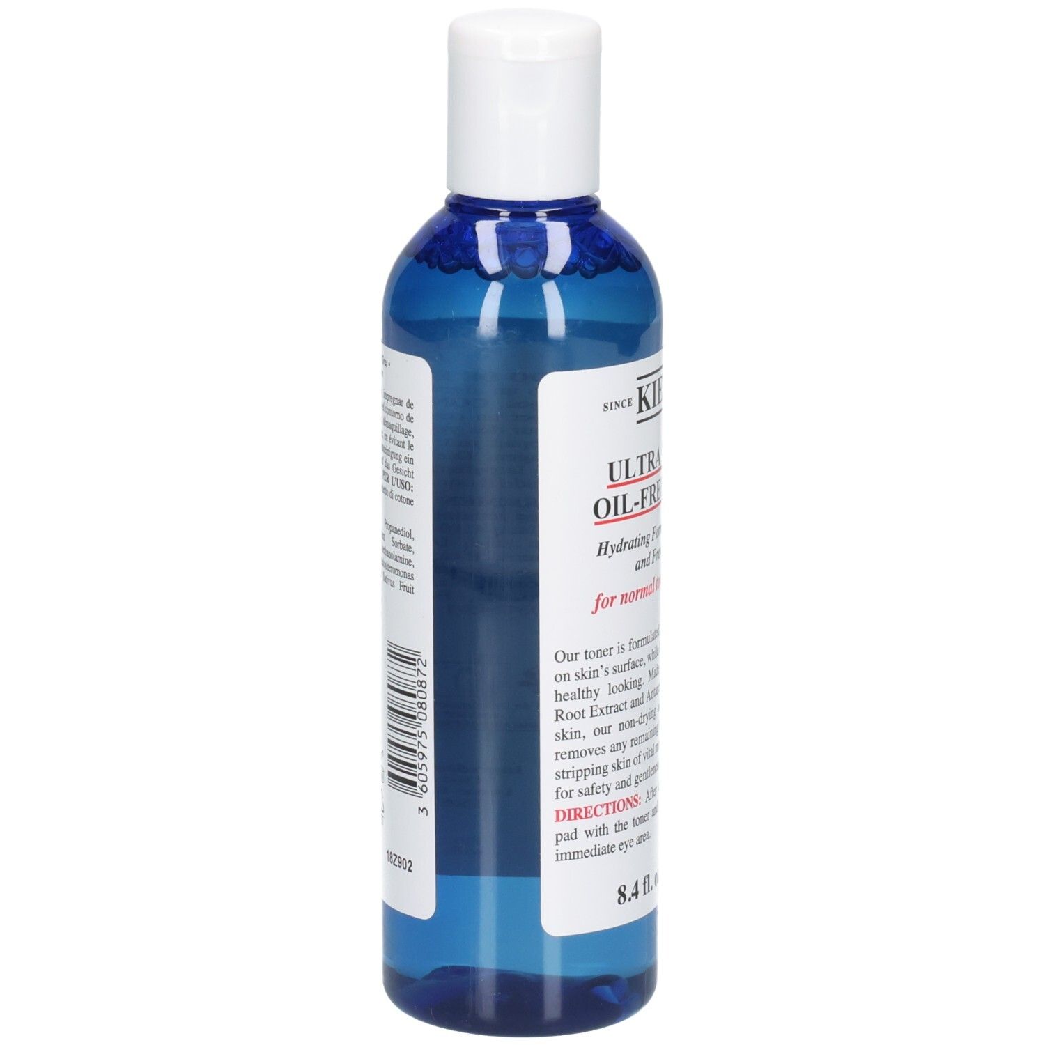 Kiehl's Ultra Facial Oil-Free Toner, 250ml, dans une bouteille bleue en plastique avec un bouchon blanc.