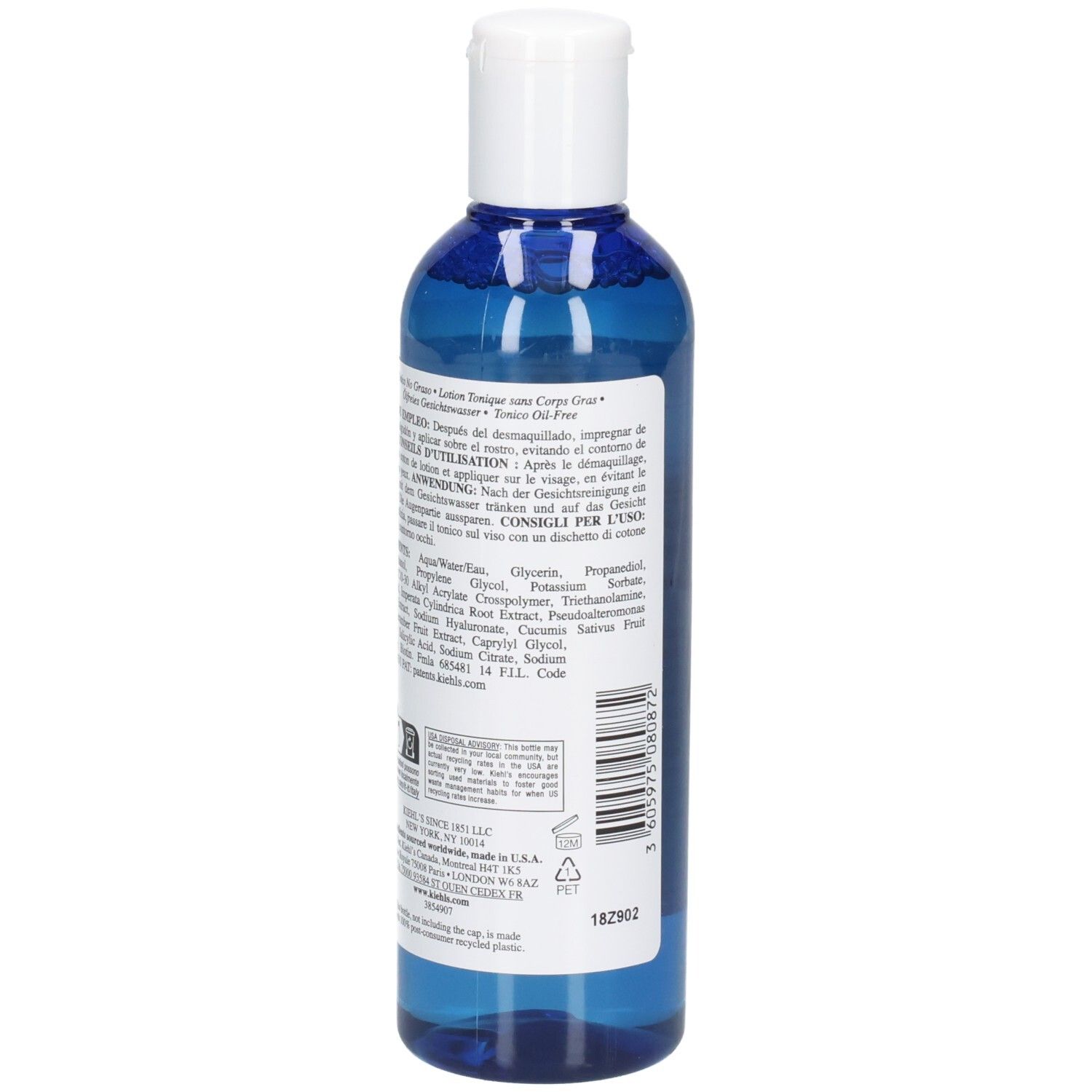 Kiehl's Ultra Facial Toner dans une bouteille bleue avec un bouchon rabattable blanc.