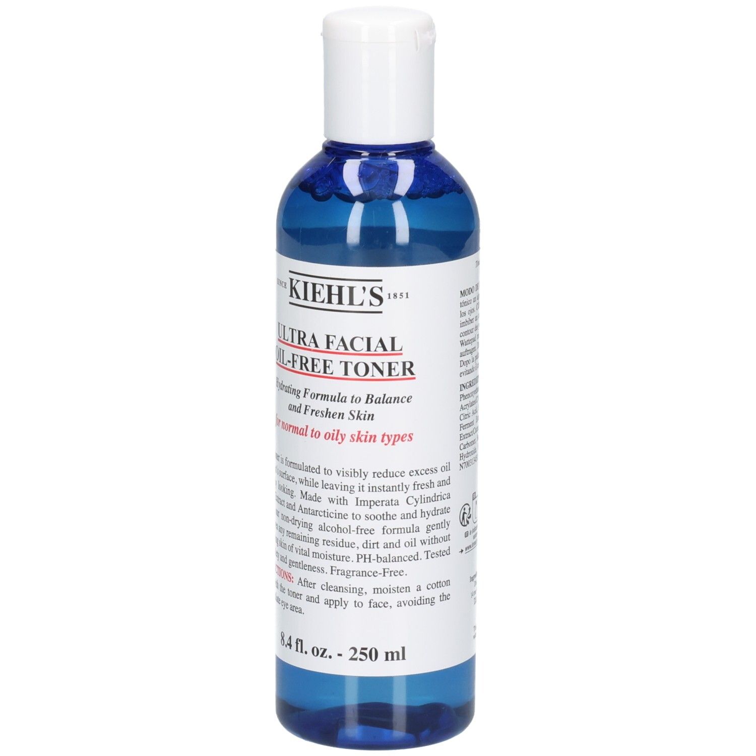 Kiehl's Ultra Facial Oil-Free Toner, 250 ml. Flacon en plastique bleu avec bouchon blanc et étiquette.