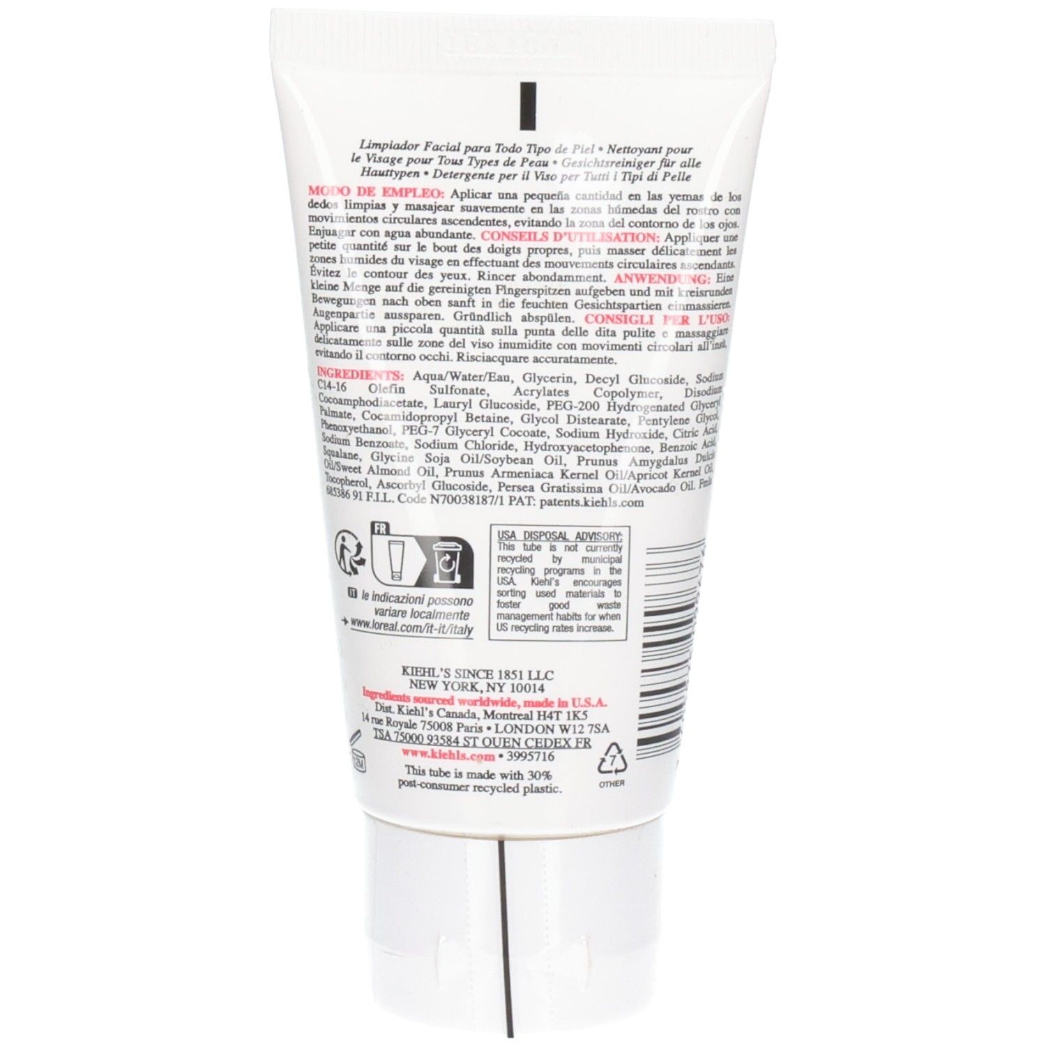 Dos de la tube Kiehl's Ultra Facial Cleanser avec ingrédients et instructions.