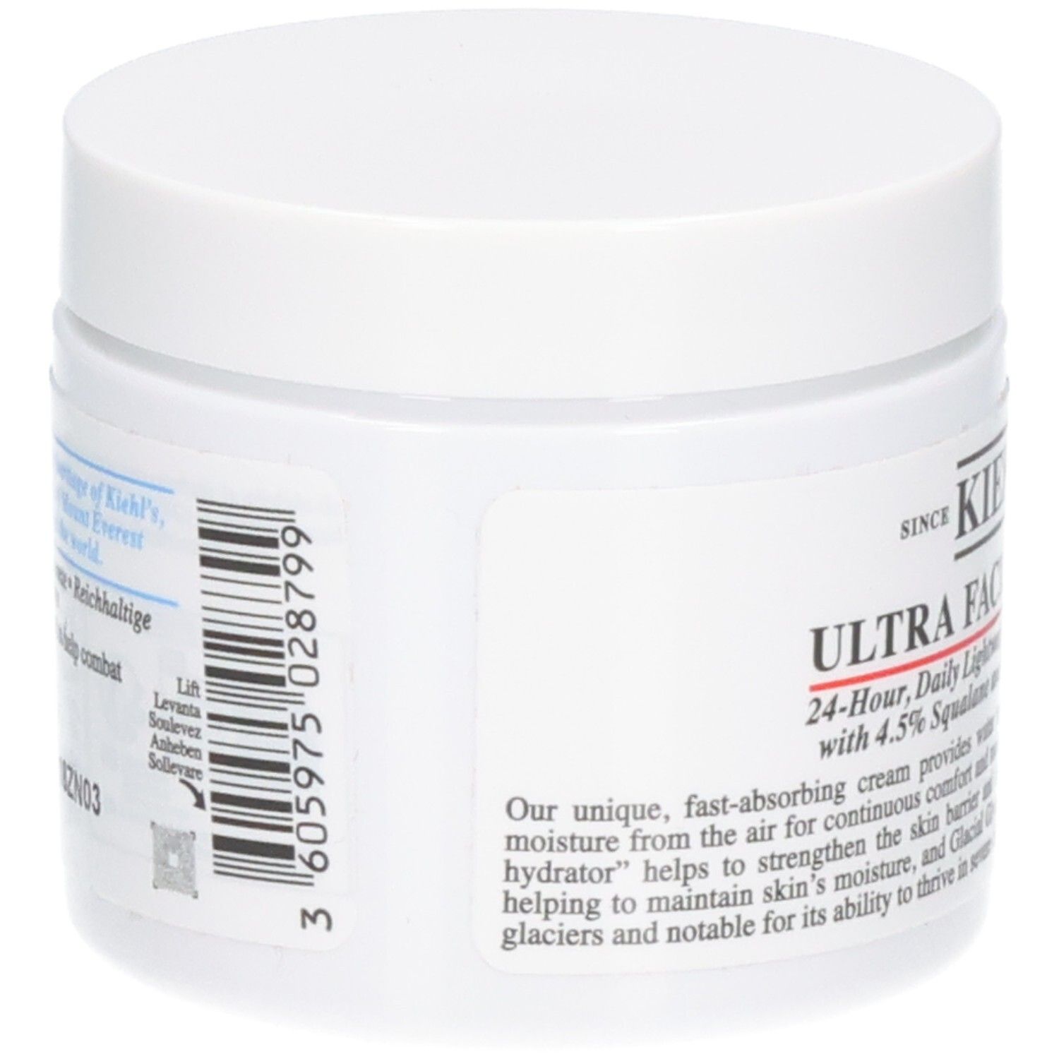 Kiehl's Ultra Facial Cream, zijaanzicht van een pot van 125 ml. Bevat informatie over samenstelling en gebruik.
