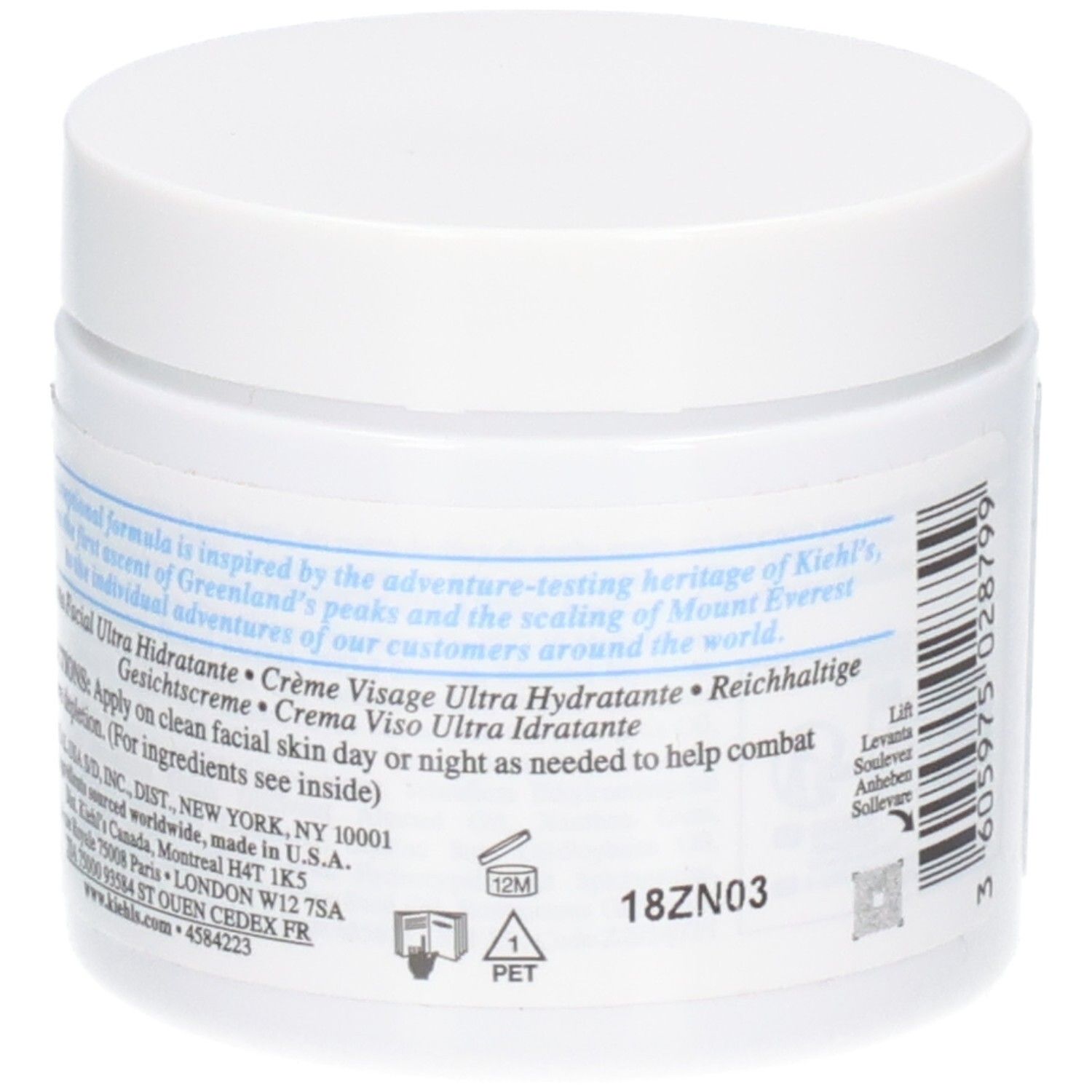 Kiehl's Ultra Facial Cream, achterkant van een pot van 125 ml. Toont ingrediënten, productielocatie en gebruiksinstructies.
