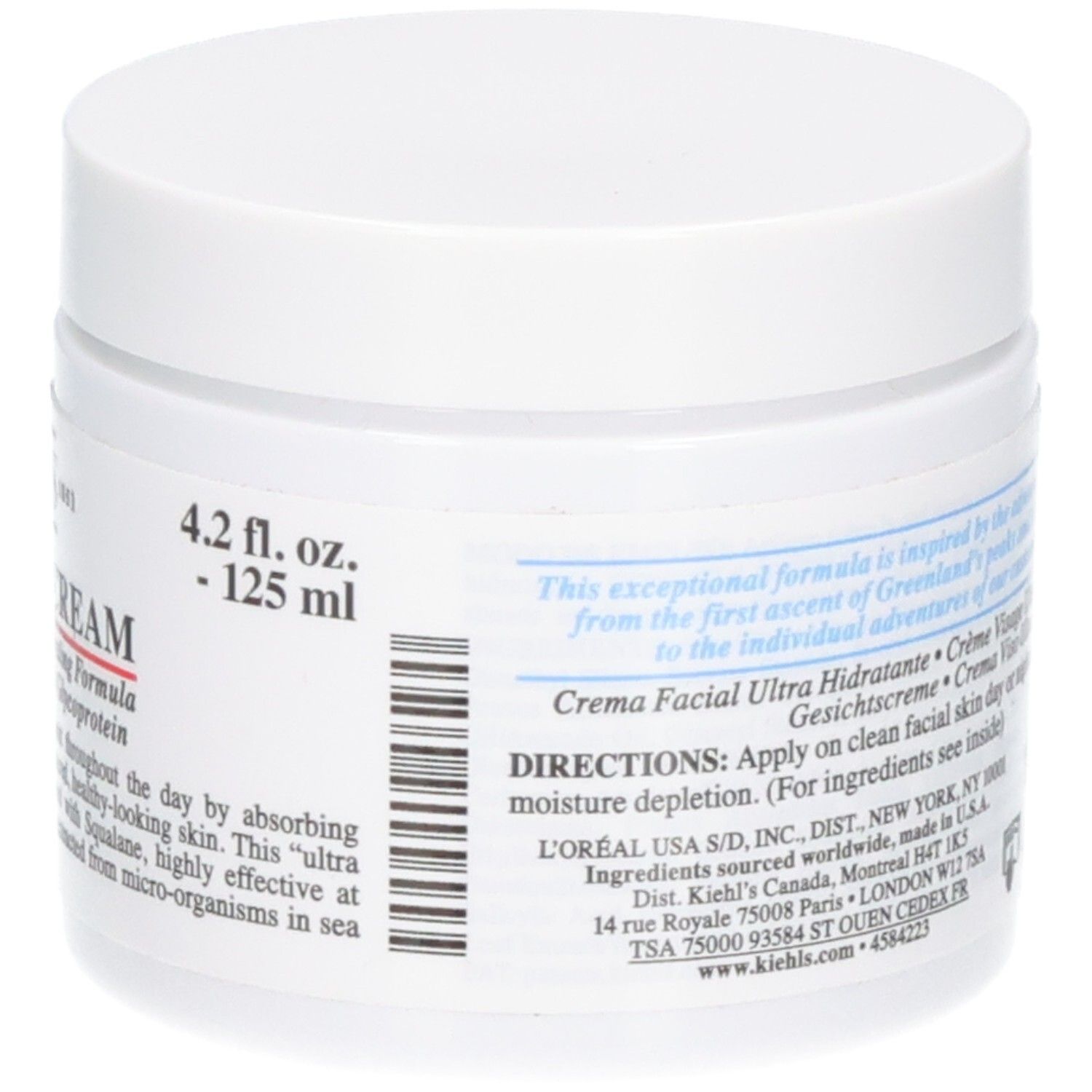 Kiehl's Ultra Facial Cream, pot van 125 ml. Zijaanzicht met maatindicatie en barcode. Bevat tekst over de formule.