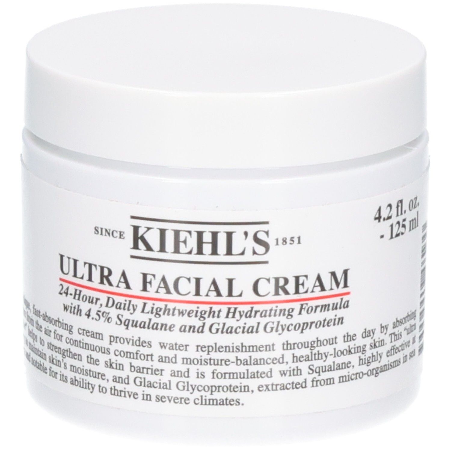 Kiehl's Ultra Facial Cream, pot van 125 ml. Vooraanzicht van de hydraterende gezichtscrème met Squalane.