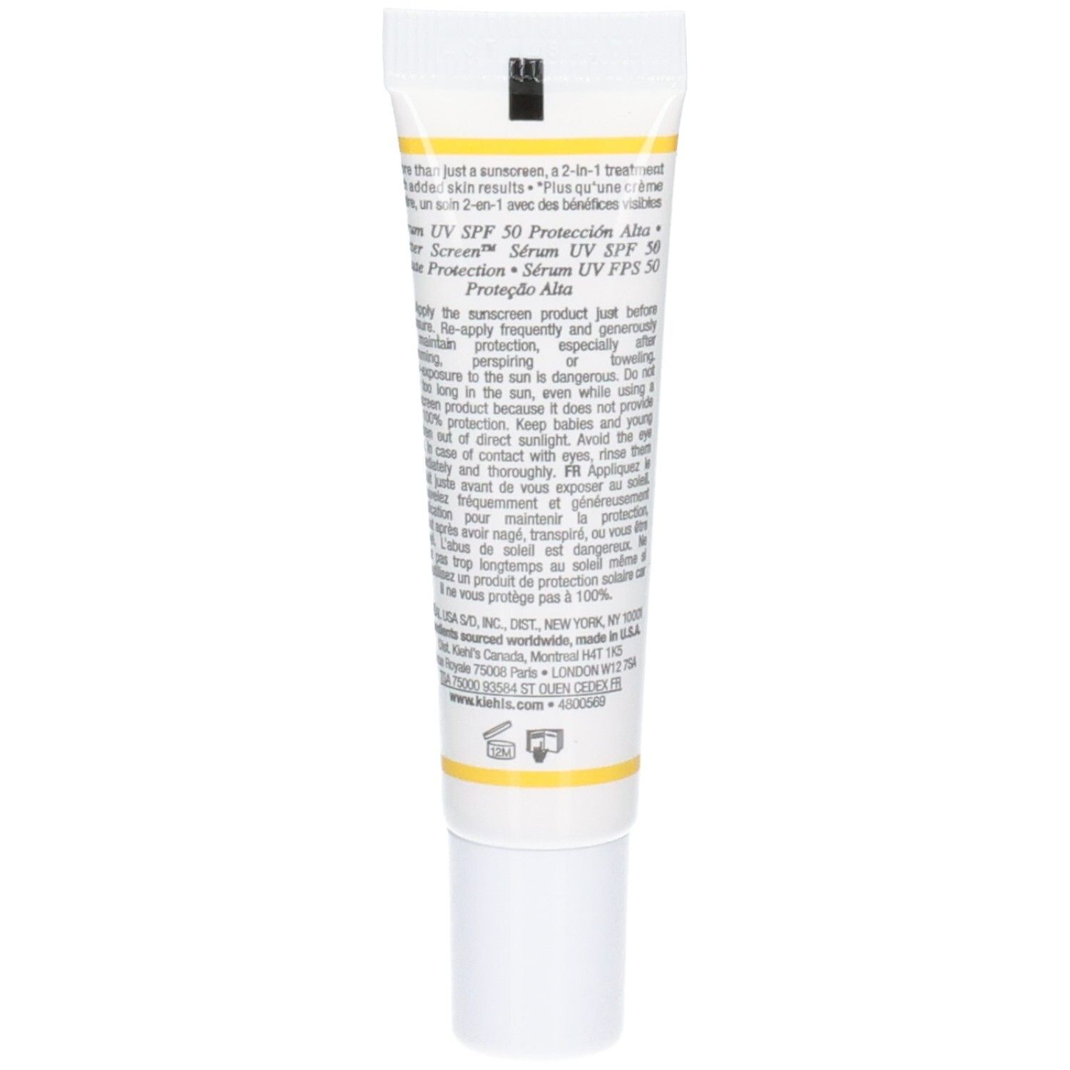 Achterkant van de Kiehl's Better Screen UV Serum SPF50 tube met instructies.