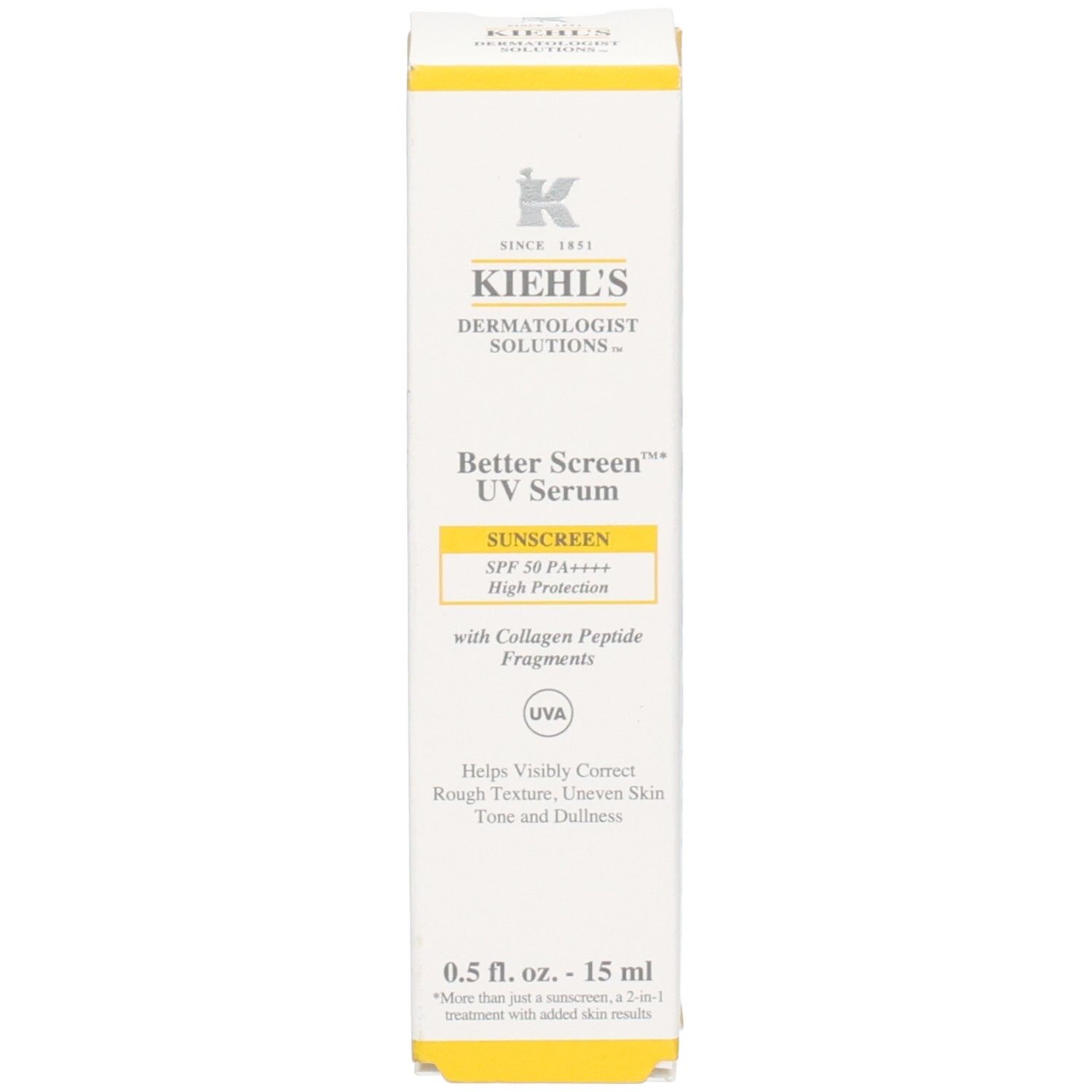 Voorkant van de Kiehl's Better Screen UV Serum SPF50 verpakking.