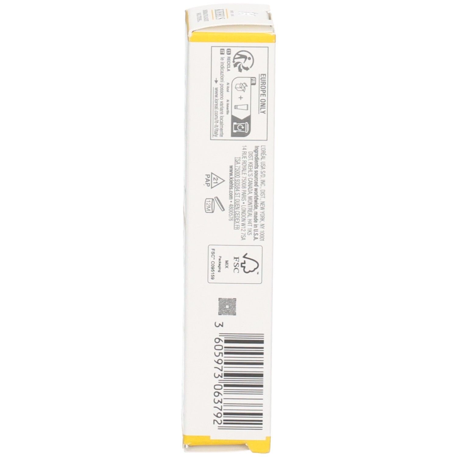 Zijaanzicht van de Kiehl's Better Screen UV Serum SPF50 verpakking met barcode.