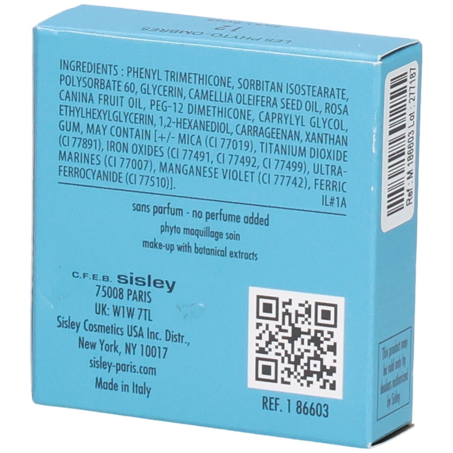 Boîte Sisley Les Phyto-Ombres, dos avec liste des ingrédients et informations fabricant.