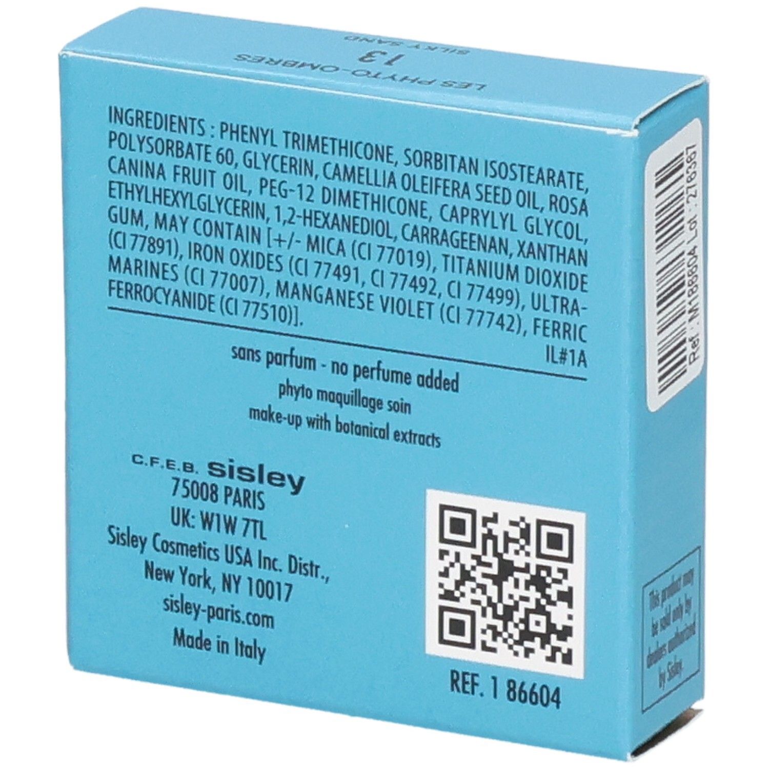 Boîte Sisley Les Phyto-Ombres fard à paupières, dos avec liste des ingrédients et QR code.