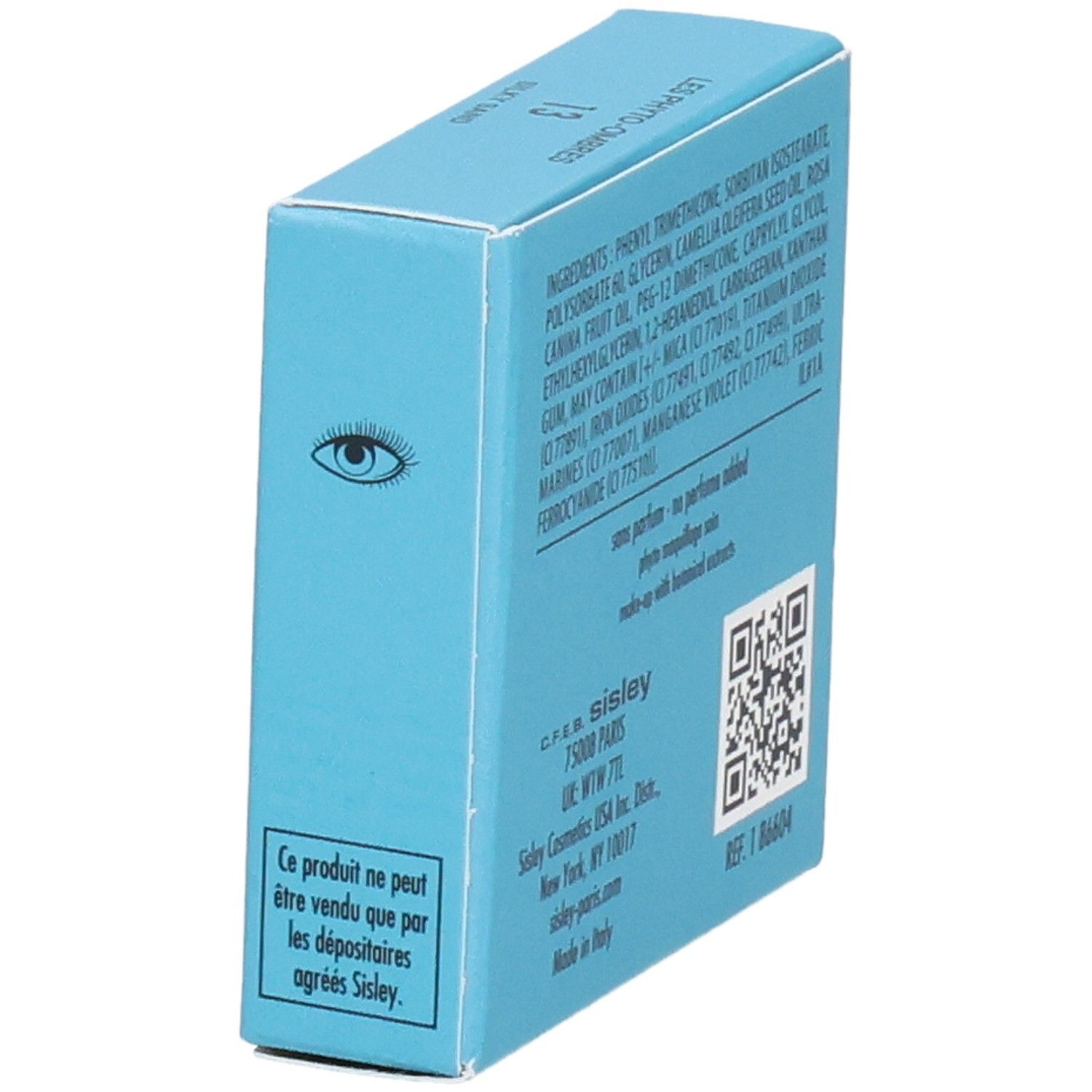 Boîte Sisley Les Phyto-Ombres fard à paupières, côté avec liste des ingrédients et QR code.