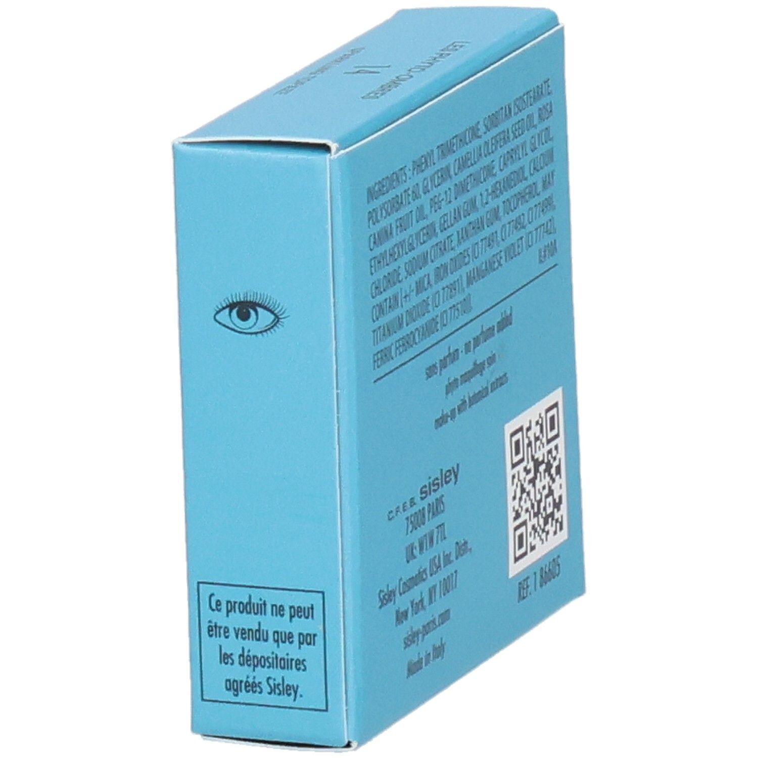 Sisley Les Phyto-Ombres oogschaduw verpakking, zijkant met oog symbool en opmerking.