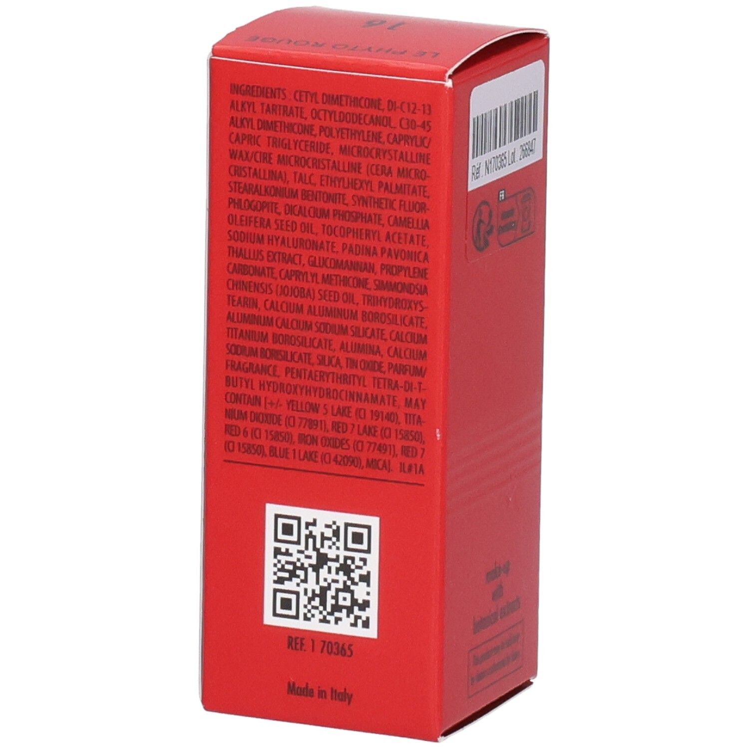 Emballage Sisley Le Phyto Rouge Rouge à lèvres, côté avec ingrédients et code QR.
