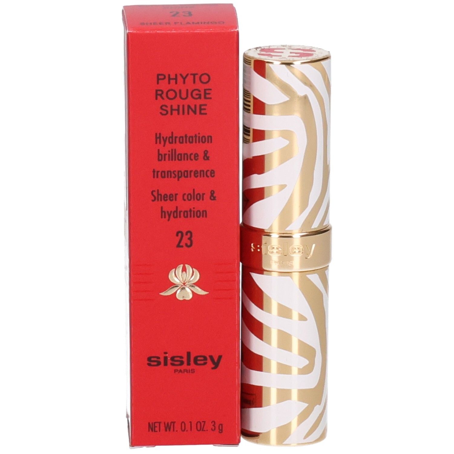 Rouge à lèvres Sisley Phyto Rouge Shine, motif zèbre or et blanc.
