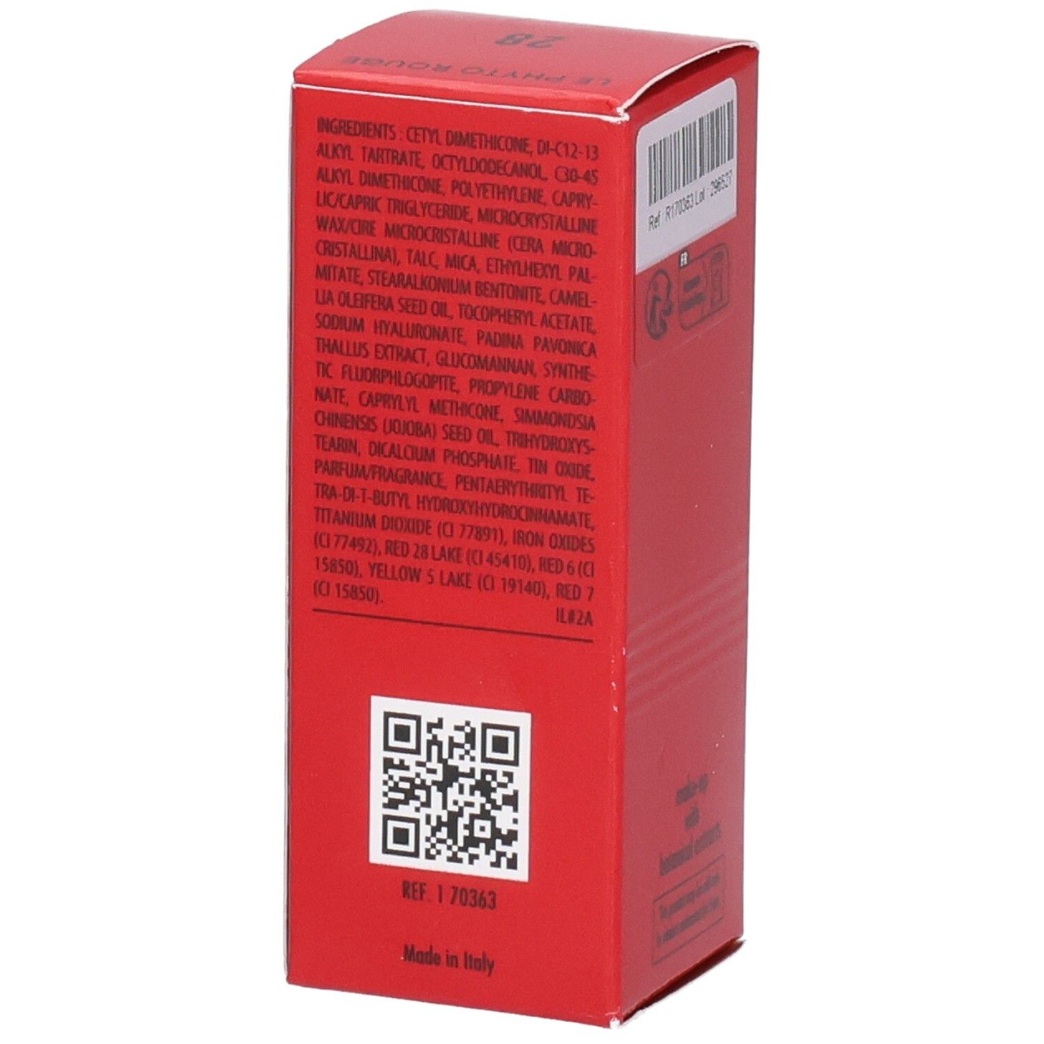 Sisley Le Phyto Rouge verpakking, zijkant met ingrediëntenlijst en QR-code.