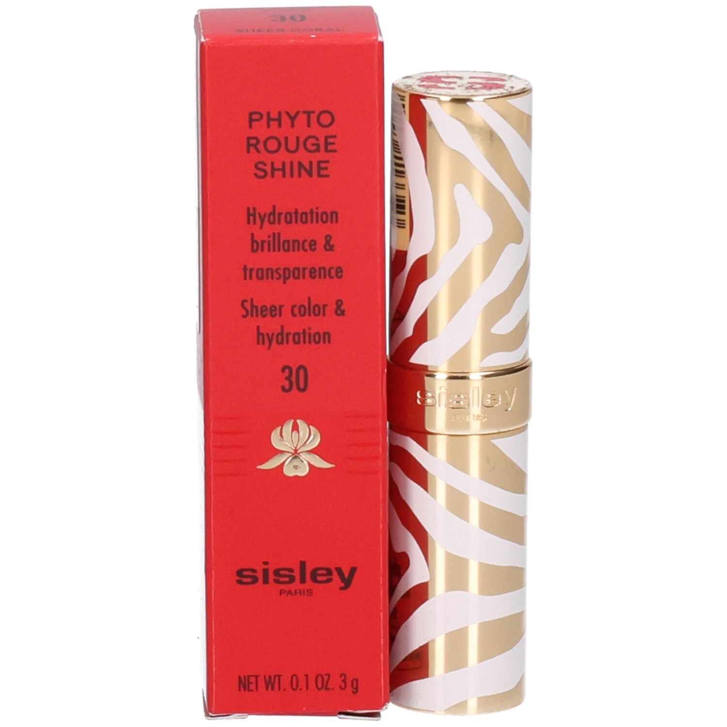 Sisley Phyto Rouge Shine lipstick met goud-wit zebra patroon.