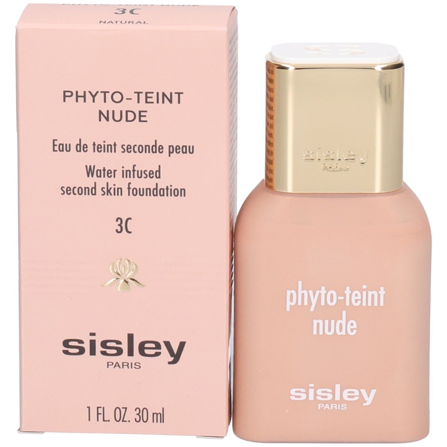 Sisley Phyto-Teint Nude foundationflesje en verpakking in licht perzik.