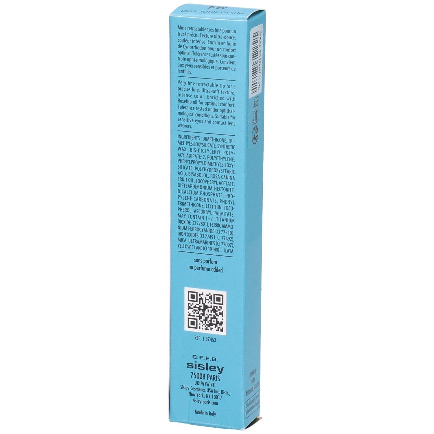 Sisley Phyto-Khol Star Waterproof Eyeliner M4, vue latérale de l'étui bleu avec ingrédients.