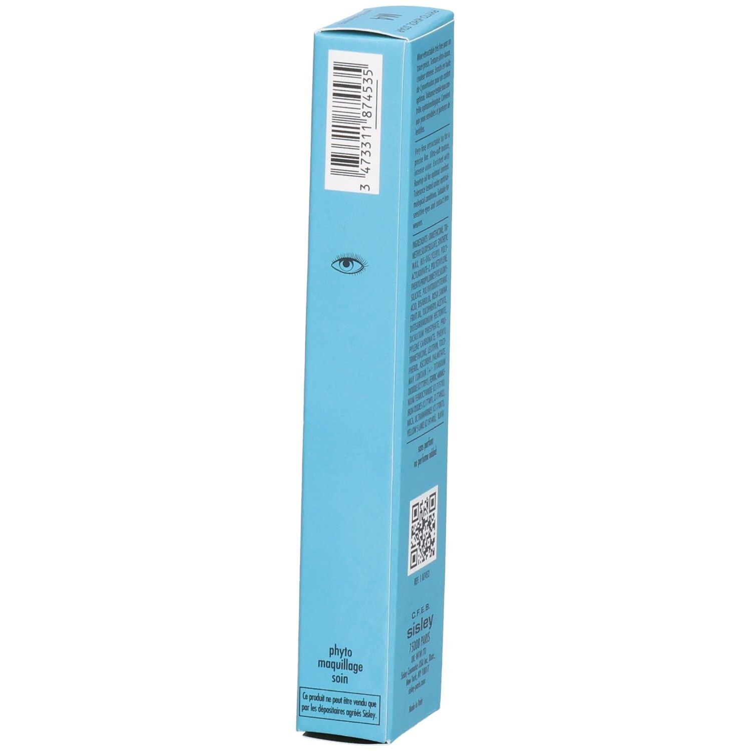 Sisley Phyto-Khol Star Waterproof Eyeliner M4, vue latérale de l'étui bleu avec QR-code.