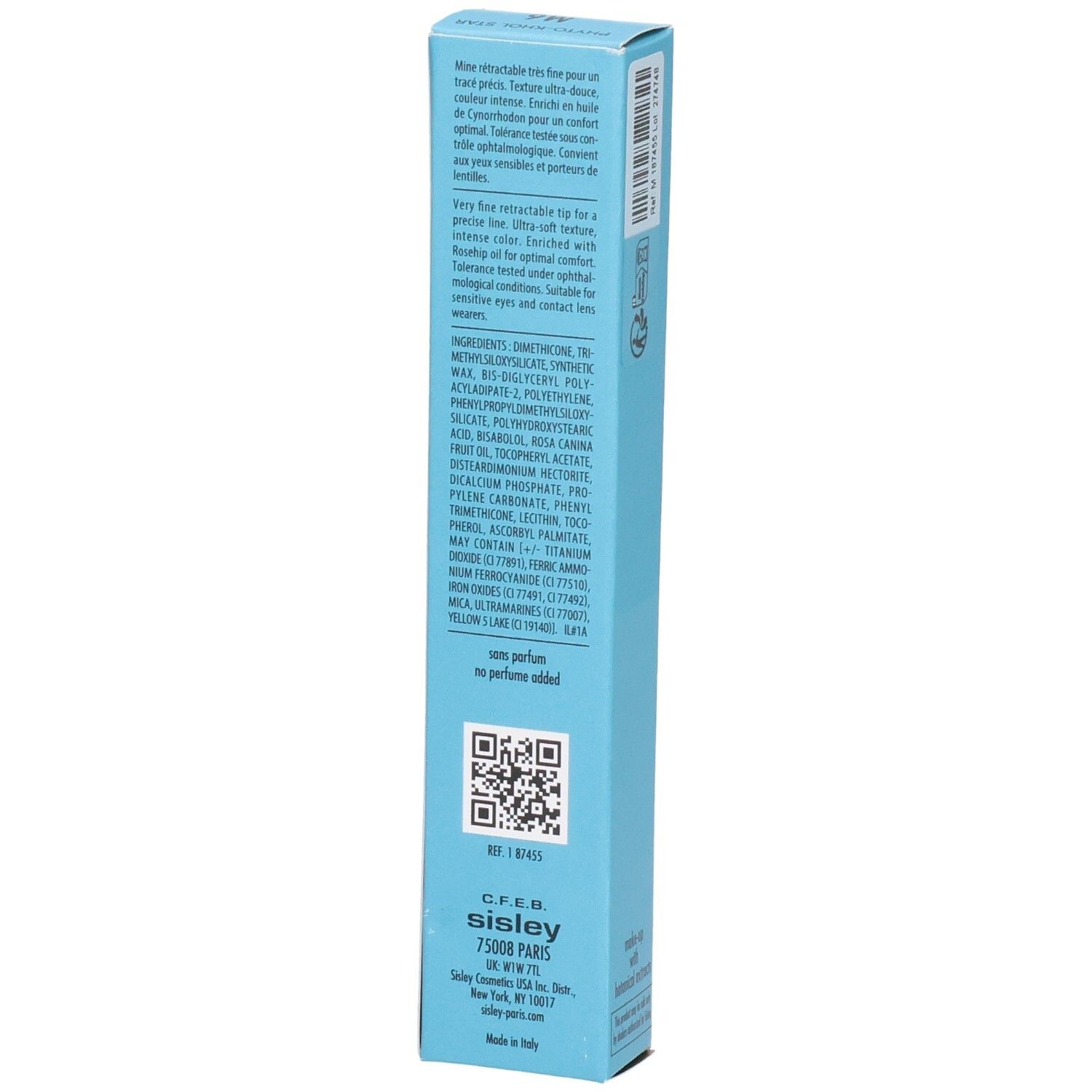 Sisley Phyto-Khol Star Waterproof Eyeliner M6, vue latérale de l'étui bleu avec ingrédients.