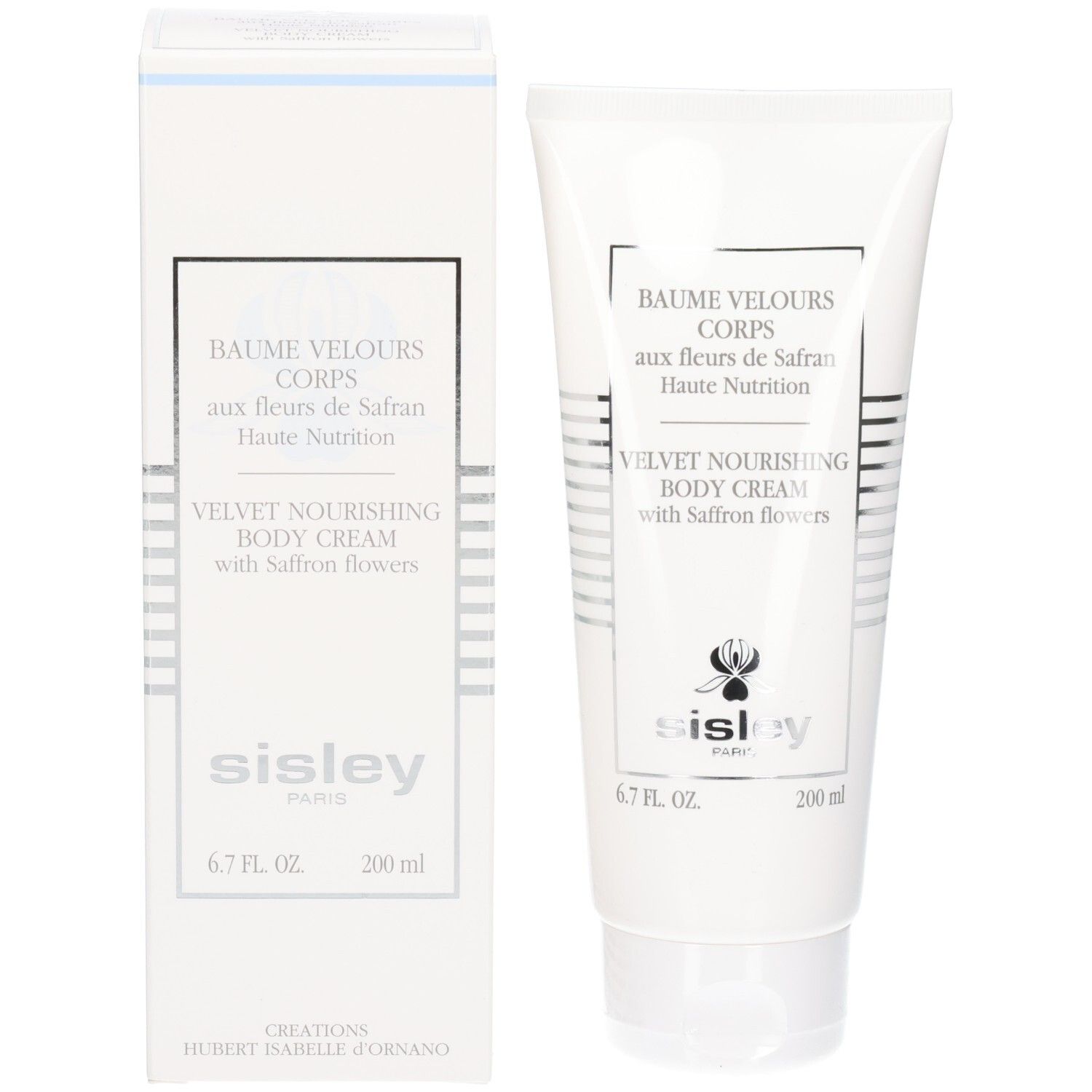 Witte tube en vouwdoos voor SISLEY bodycrème met saffloerbloemen.