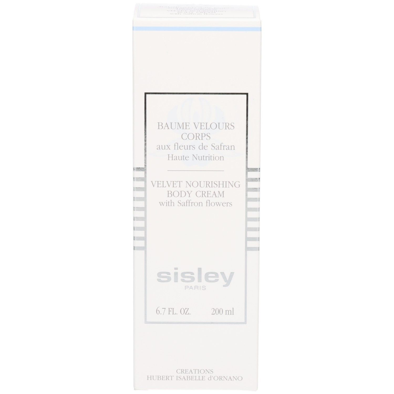 Voorkant van een witte vouwdoos voor SISLEY bodycrème met saffloerbloemen.