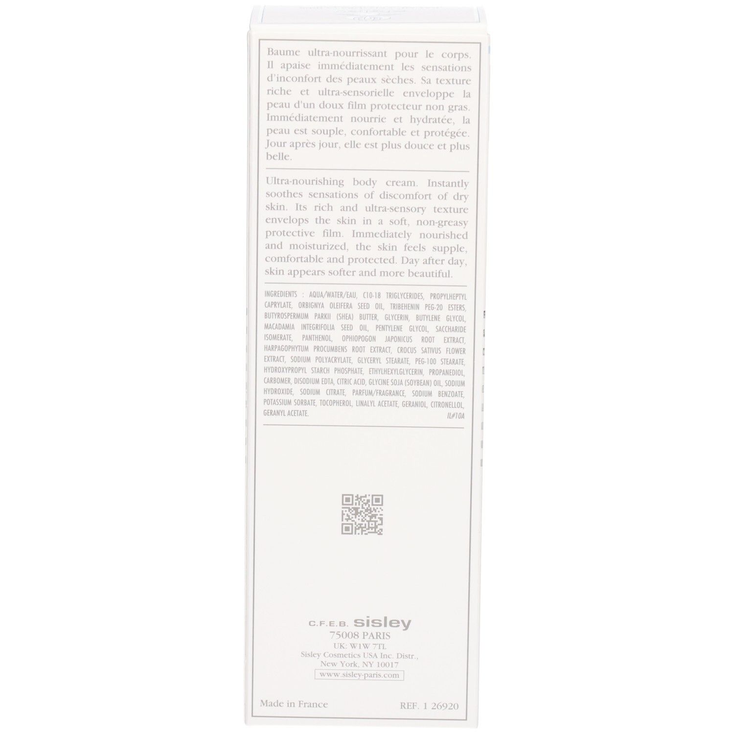 Achterkant van een witte vouwdoos met gedetailleerde productinformatie en QR-code.