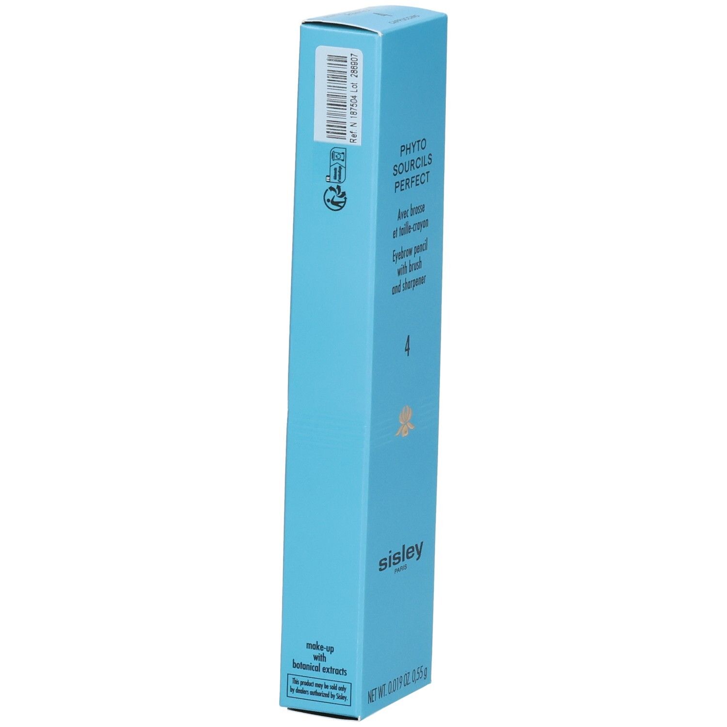 Sisley Phyto-Sourcils Perfect crayon sourcils, boîte avec code-barres et symboles de recyclage.