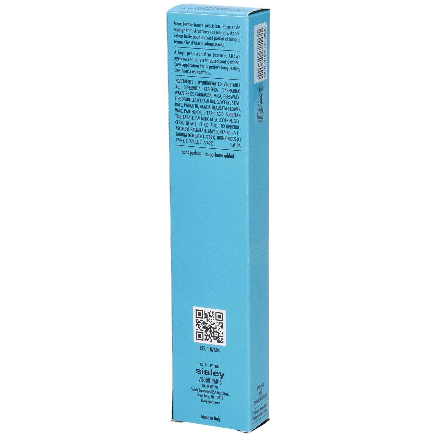 Sisley Phyto-Sourcils Perfect crayon sourcils, boîte avec ingrédients et QR code.
