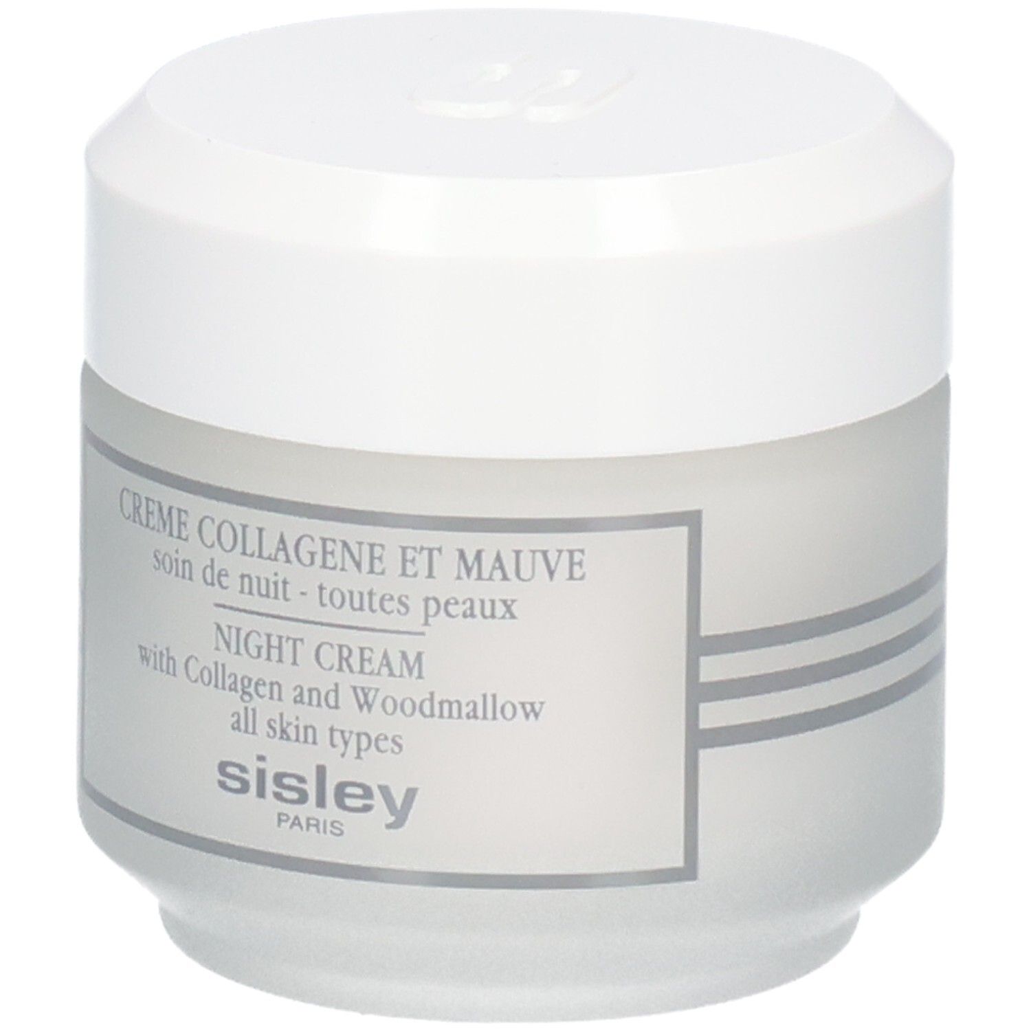 Sisley Crème Collagène et Mauve, crème de nuit, pot blanc avec étiquette.