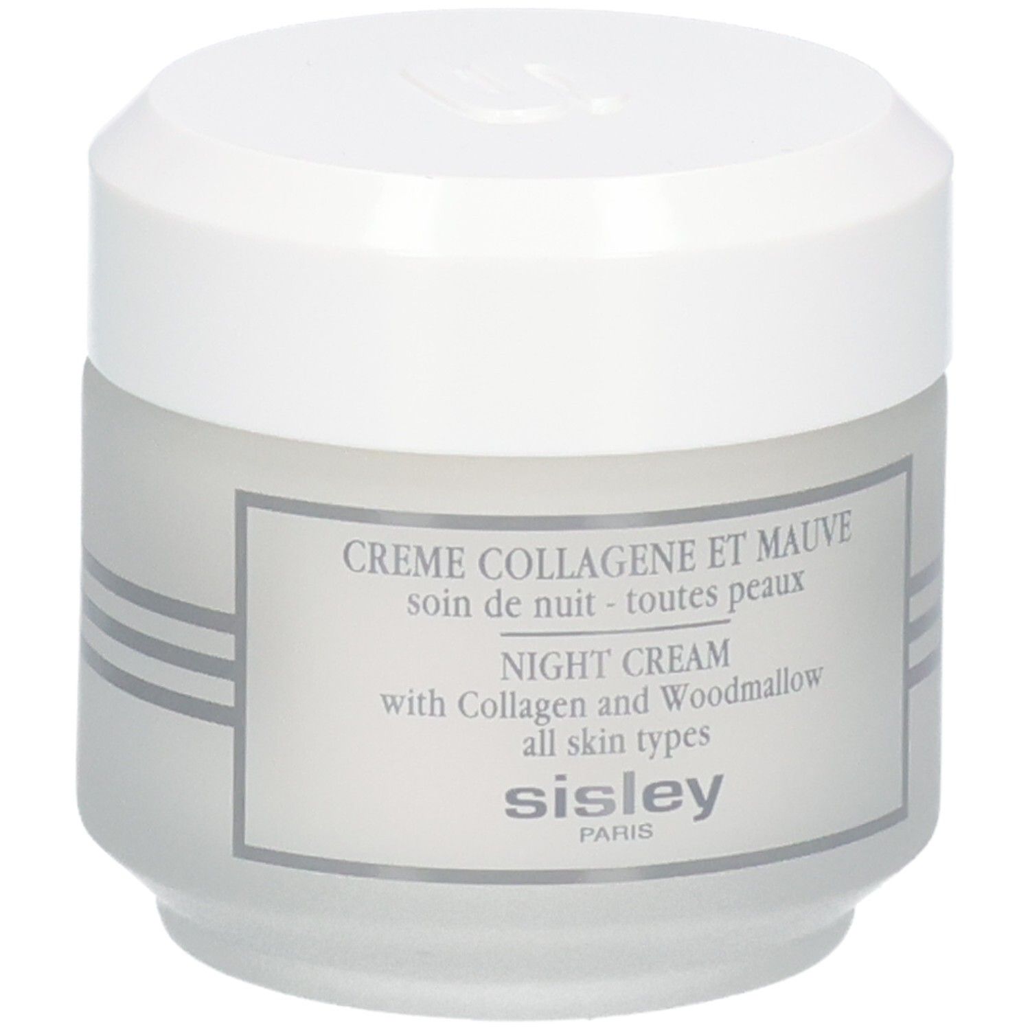 Sisley Crème Collagène et Mauve, crème de nuit, pot blanc avec étiquette.