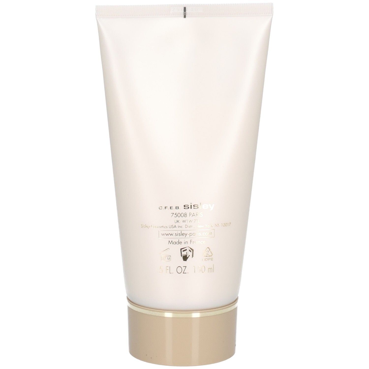Arrière d'un tube blanc avec informations produit et mention Made in France. Sisley Eau du Soir.