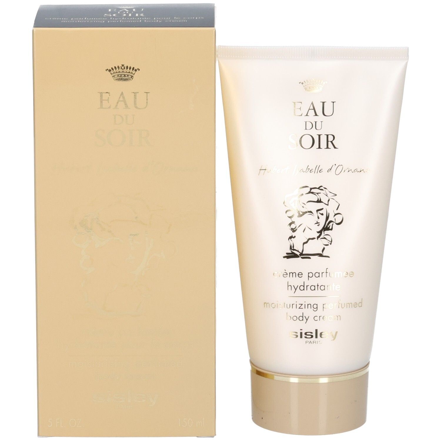 Tube et boîte d'emballage dorée pour Sisley Eau du Soir Crème parfumée hydratante.